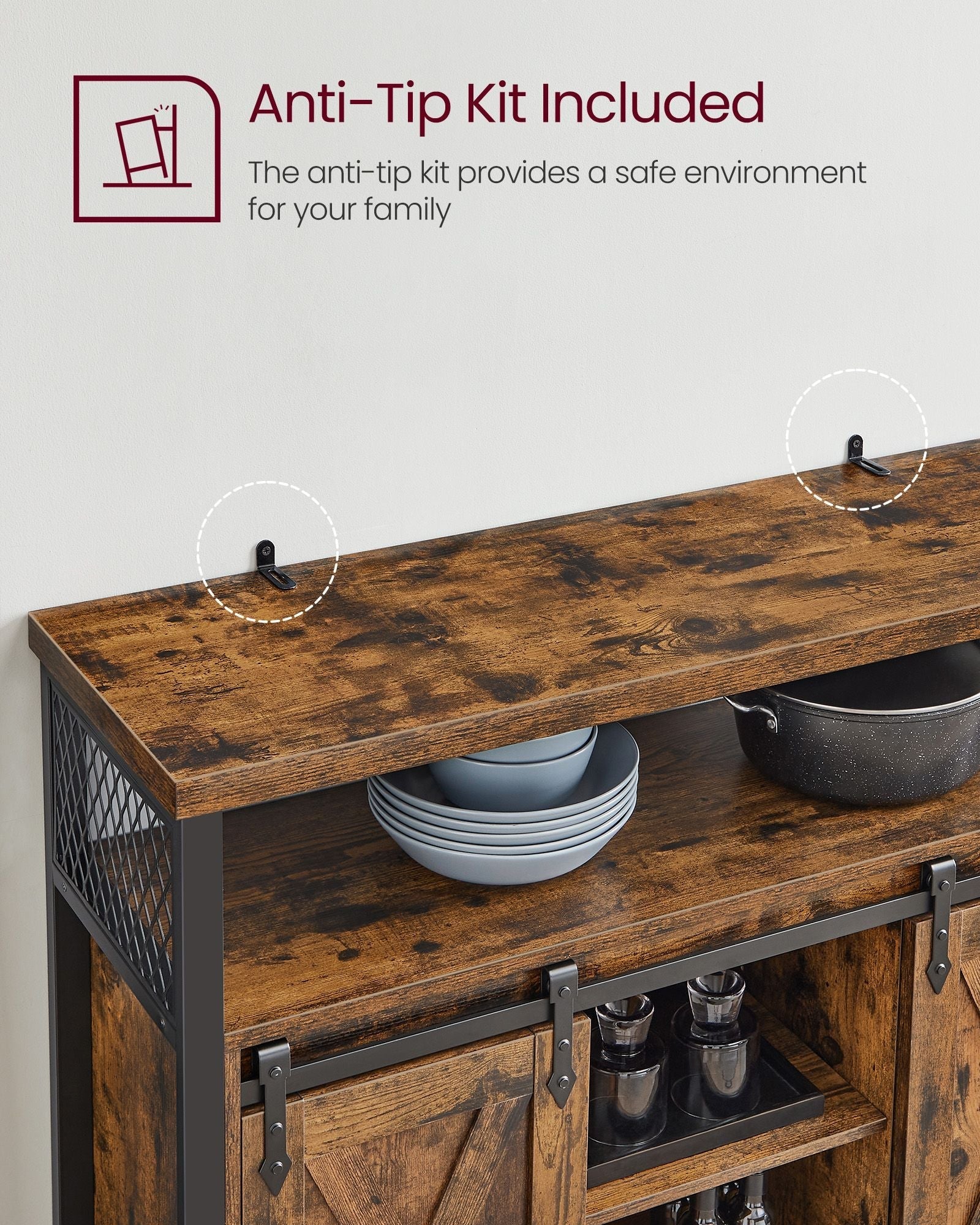 Industrial Dining Sideboard - Wood - Rustic Brown and Black - Adjustable Shelf with Sliding Barn Doors