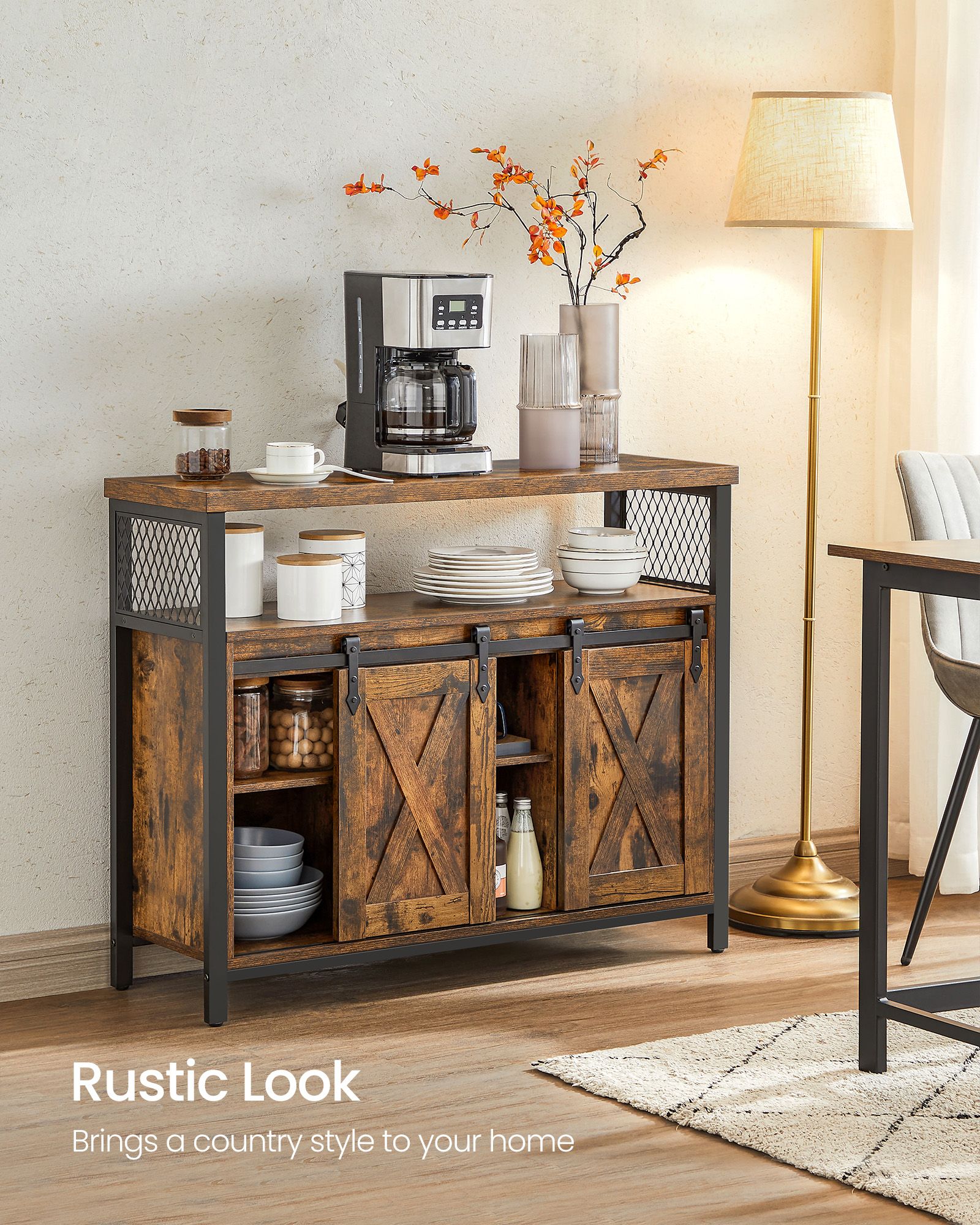Industrial Dining Sideboard - Wood - Rustic Brown and Black - Adjustable Shelf with Sliding Barn Doors