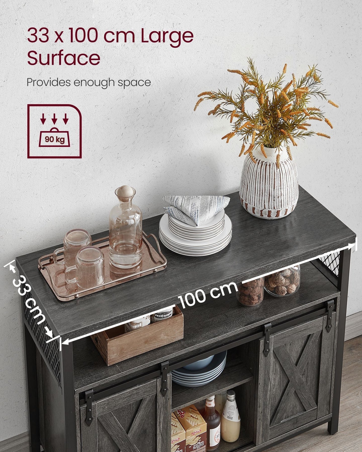 Sliding Barn Door Sideboard - Wood - Stone Grey & Ink Black