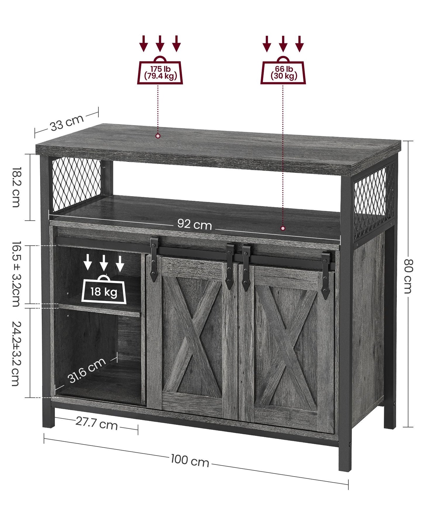 Sliding Barn Door Sideboard - Wood - Stone Grey & Ink Black