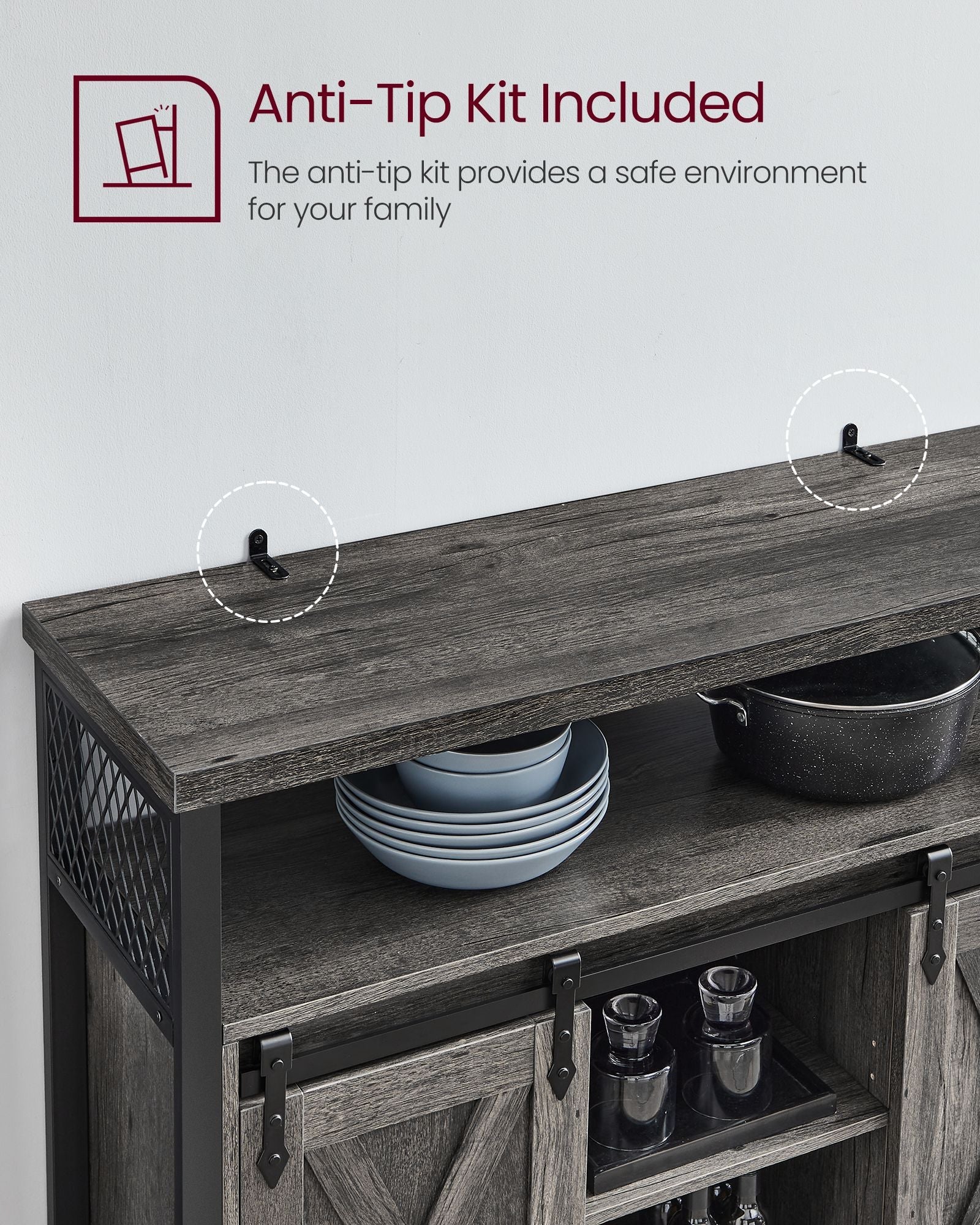 Sliding Barn Door Sideboard - Wood - Stone Grey & Ink Black