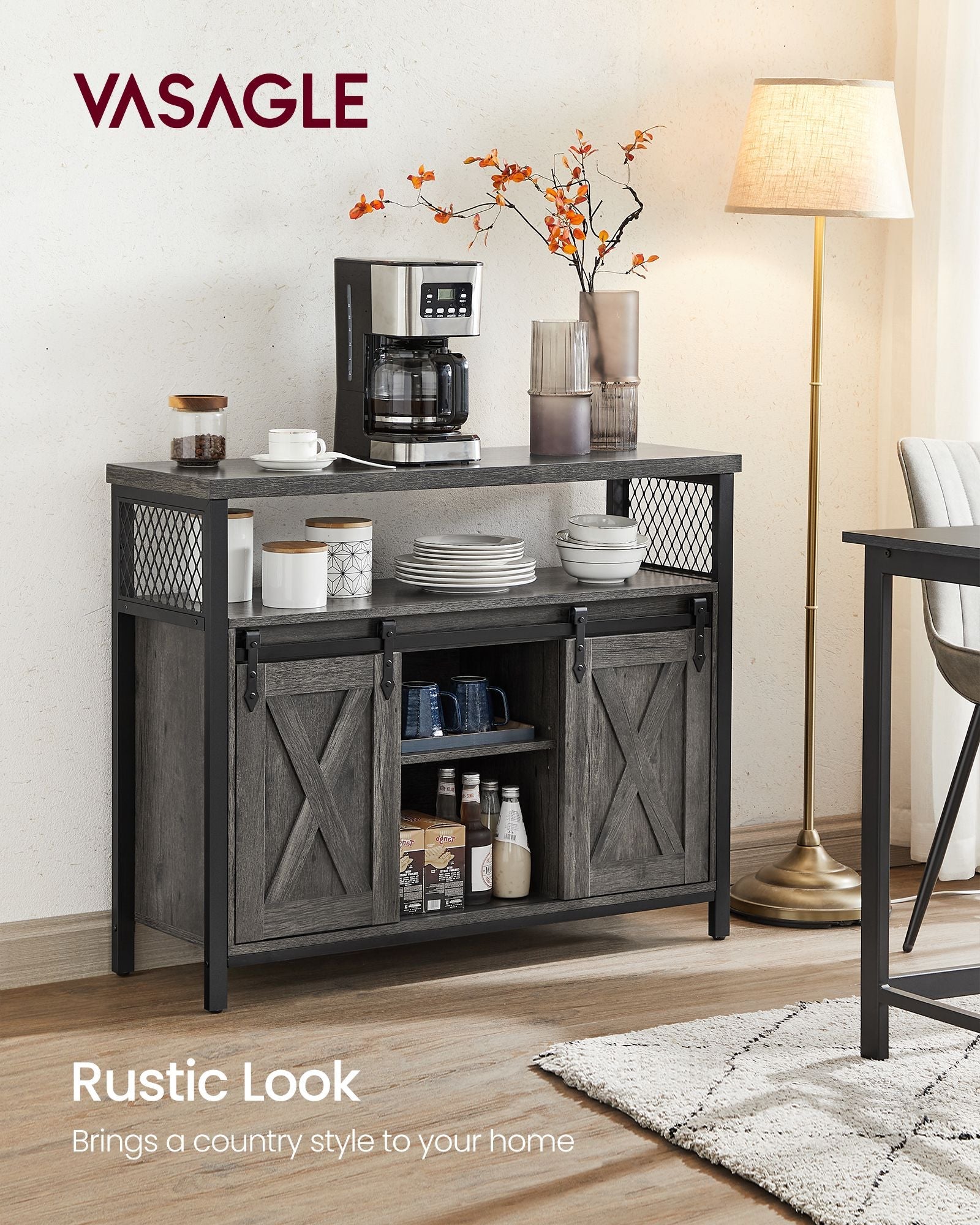 Sliding Barn Door Sideboard - Wood - Stone Grey & Ink Black