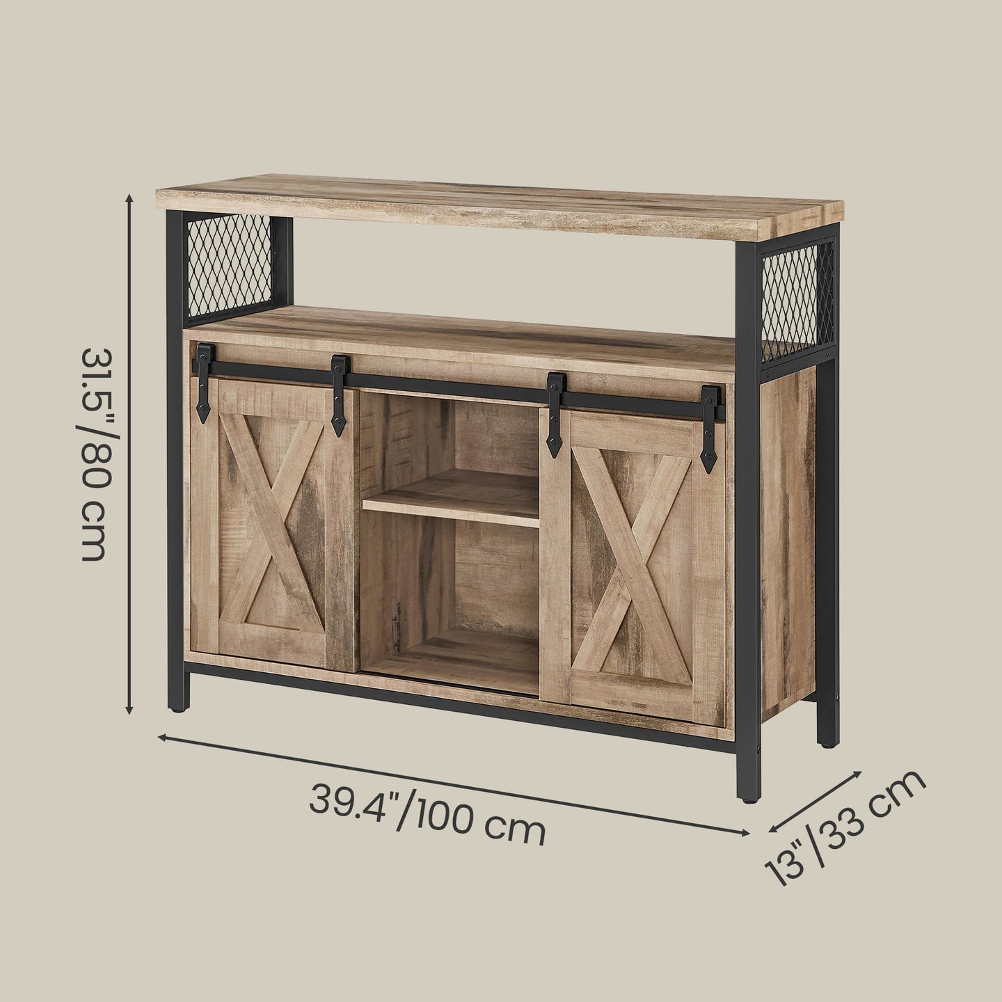 Buffet Cabinet - Wood - Camel Brown and Black - Adjustable Shelves with Sliding Barn Doors