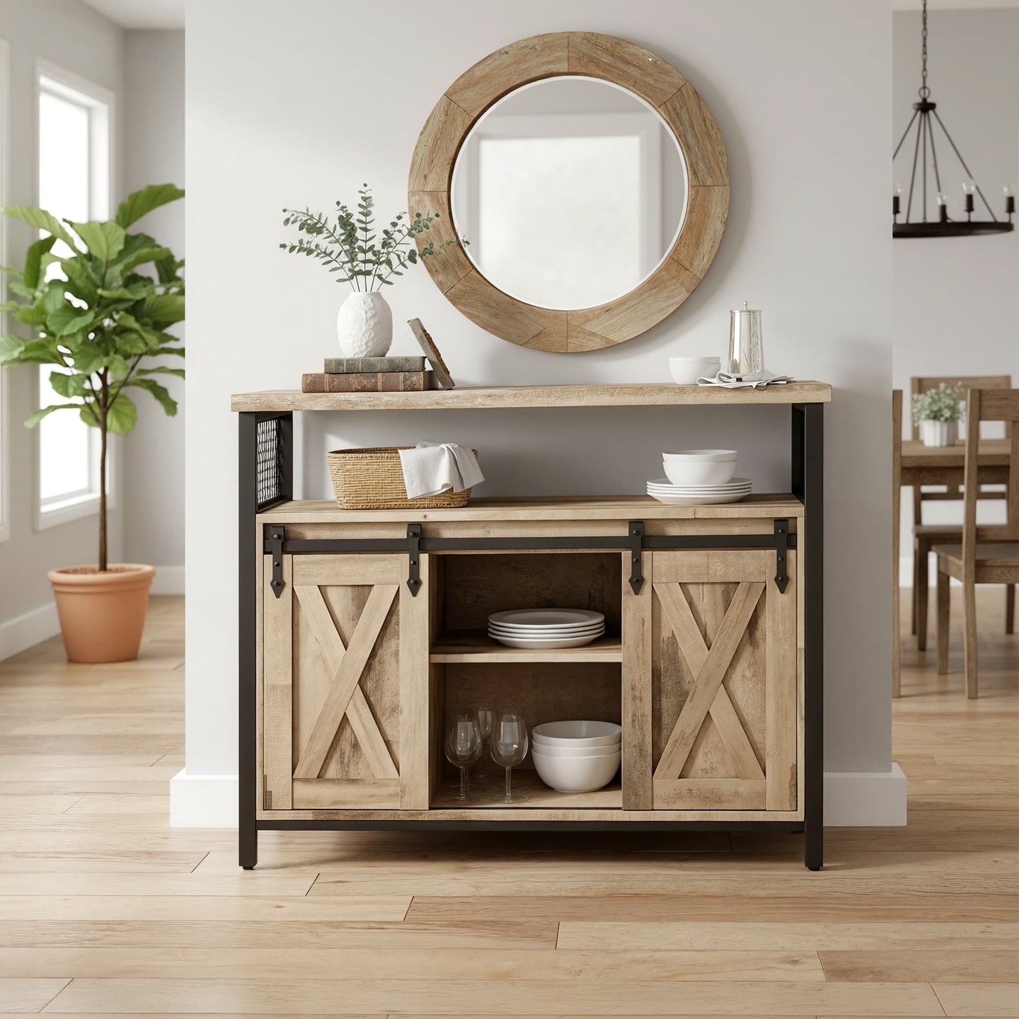Buffet Cabinet - Wood - Camel Brown and Black - Adjustable Shelves with Sliding Barn Doors