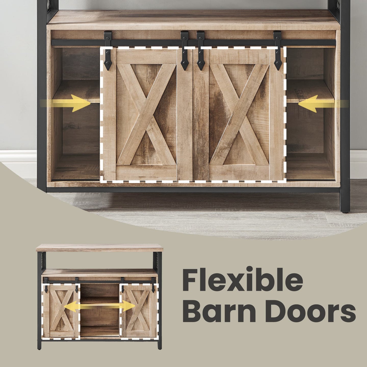 Buffet Cabinet - Wood - Camel Brown and Black - Adjustable Shelves with Sliding Barn Doors