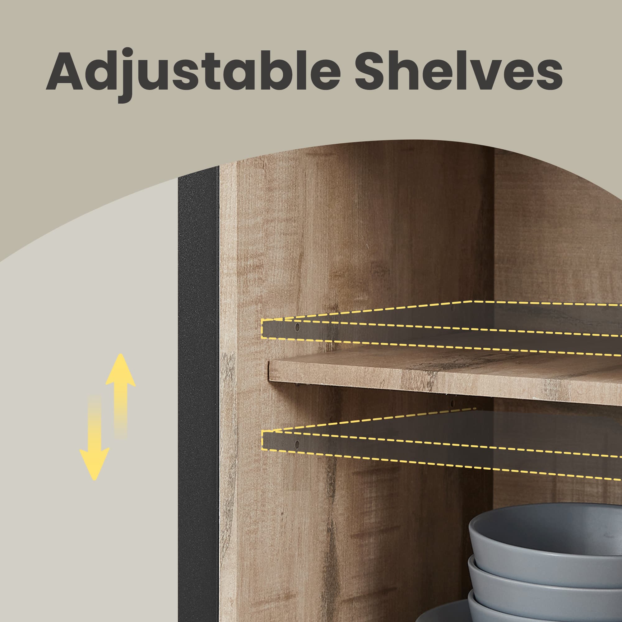Buffet Cabinet - Wood - Camel Brown and Black - Adjustable Shelves with Sliding Barn Doors