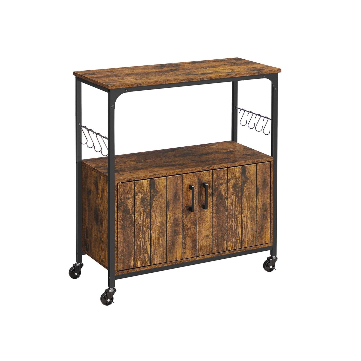 Industrial Kitchen Cupboard - Metal - Rustic Brown and Black - Mobile with Storage Shelves and Hooks