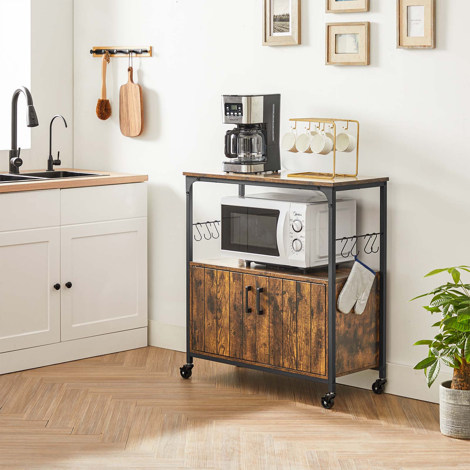 Industrial Kitchen Cupboard - Metal - Rustic Brown and Black - Mobile with Storage Shelves and Hooks
