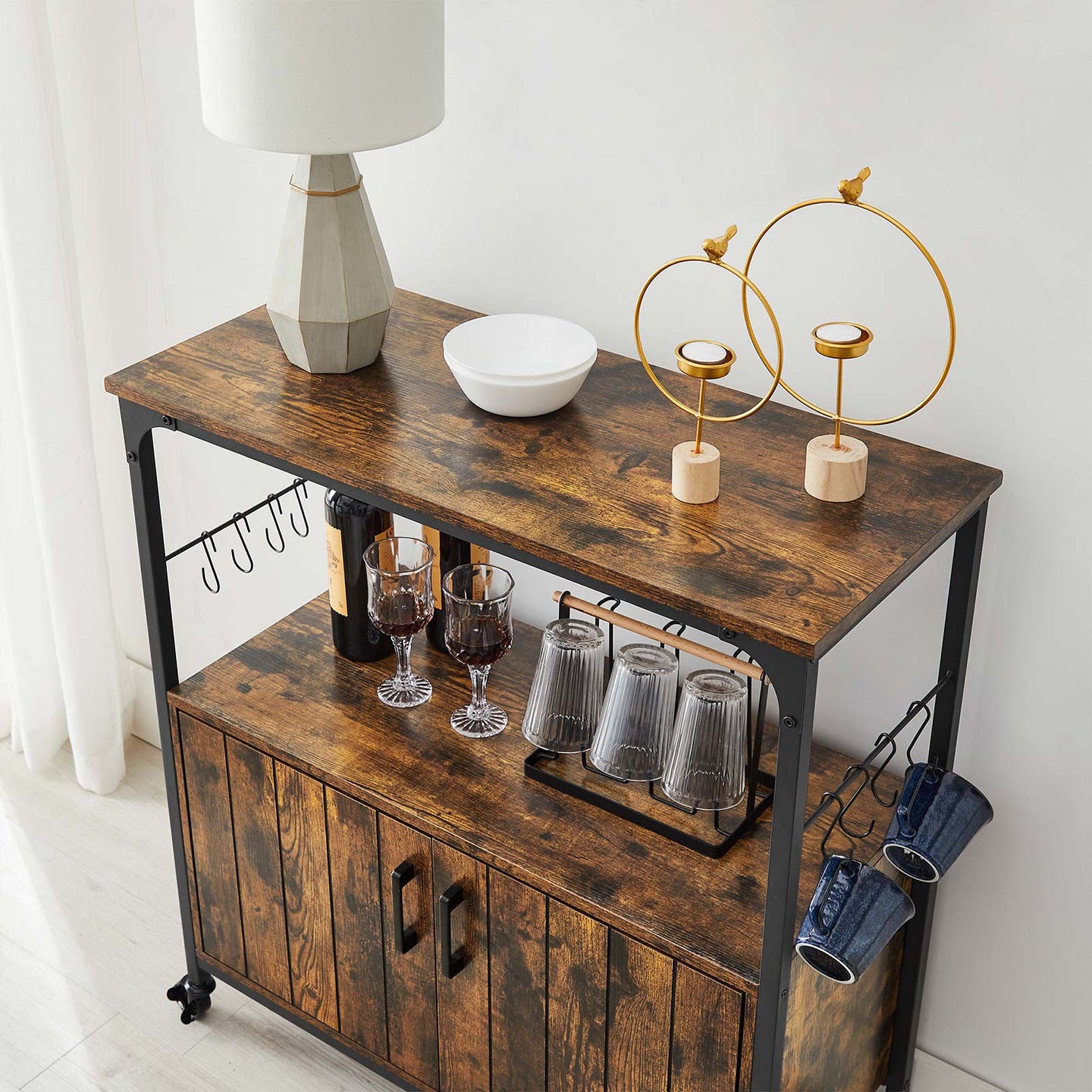 Industrial Kitchen Cupboard - Metal - Rustic Brown and Black - Mobile with Storage Shelves and Hooks