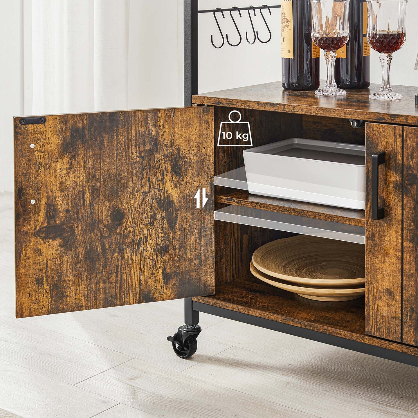 Industrial Kitchen Cupboard - Metal - Rustic Brown and Black - Mobile with Storage Shelves and Hooks