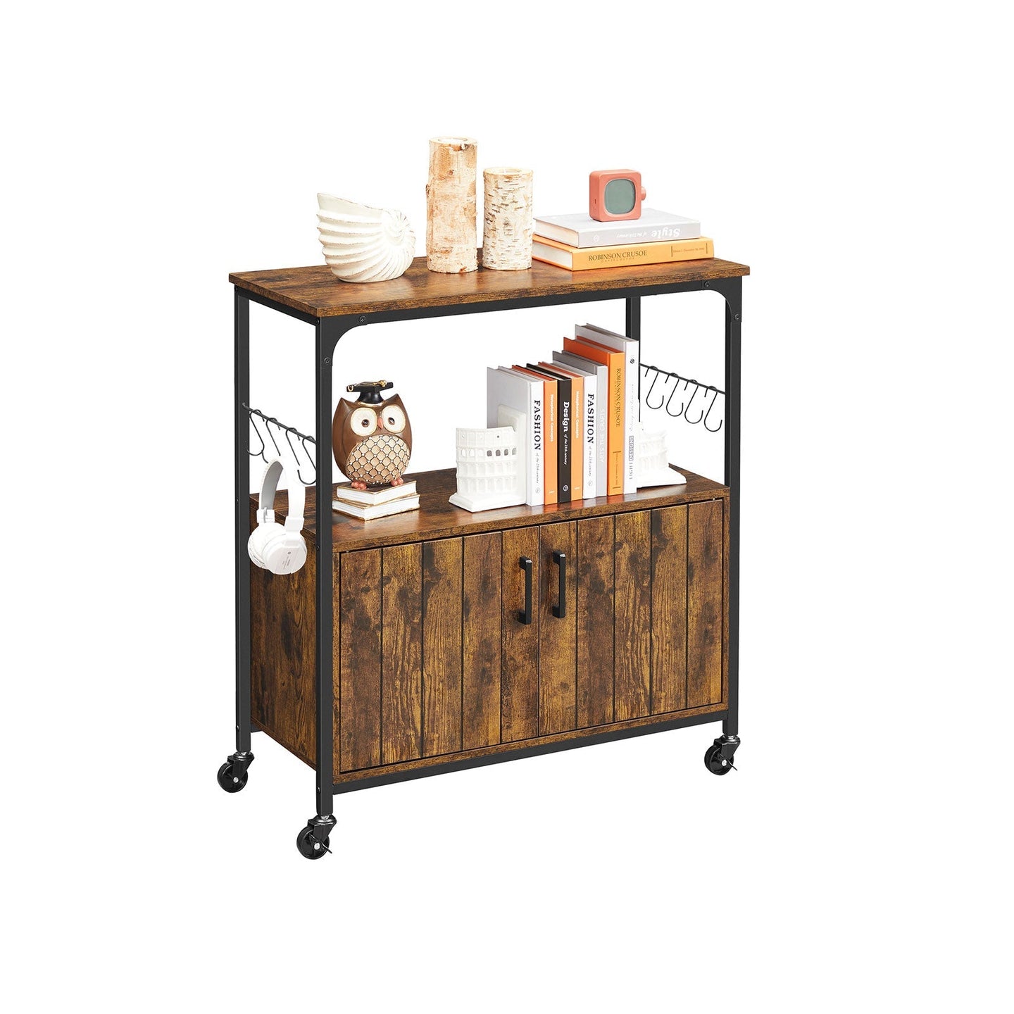 Industrial Kitchen Cupboard - Metal - Rustic Brown and Black - Mobile with Storage Shelves and Hooks