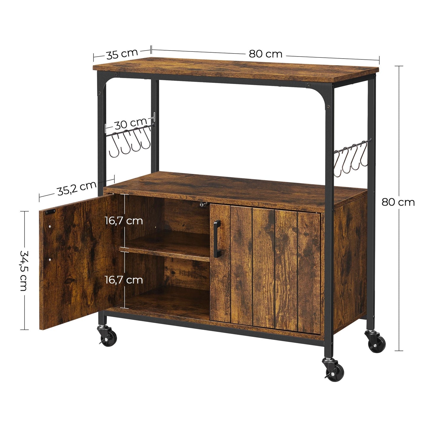 Industrial Kitchen Cupboard - Metal - Rustic Brown and Black - Mobile with Storage Shelves and Hooks