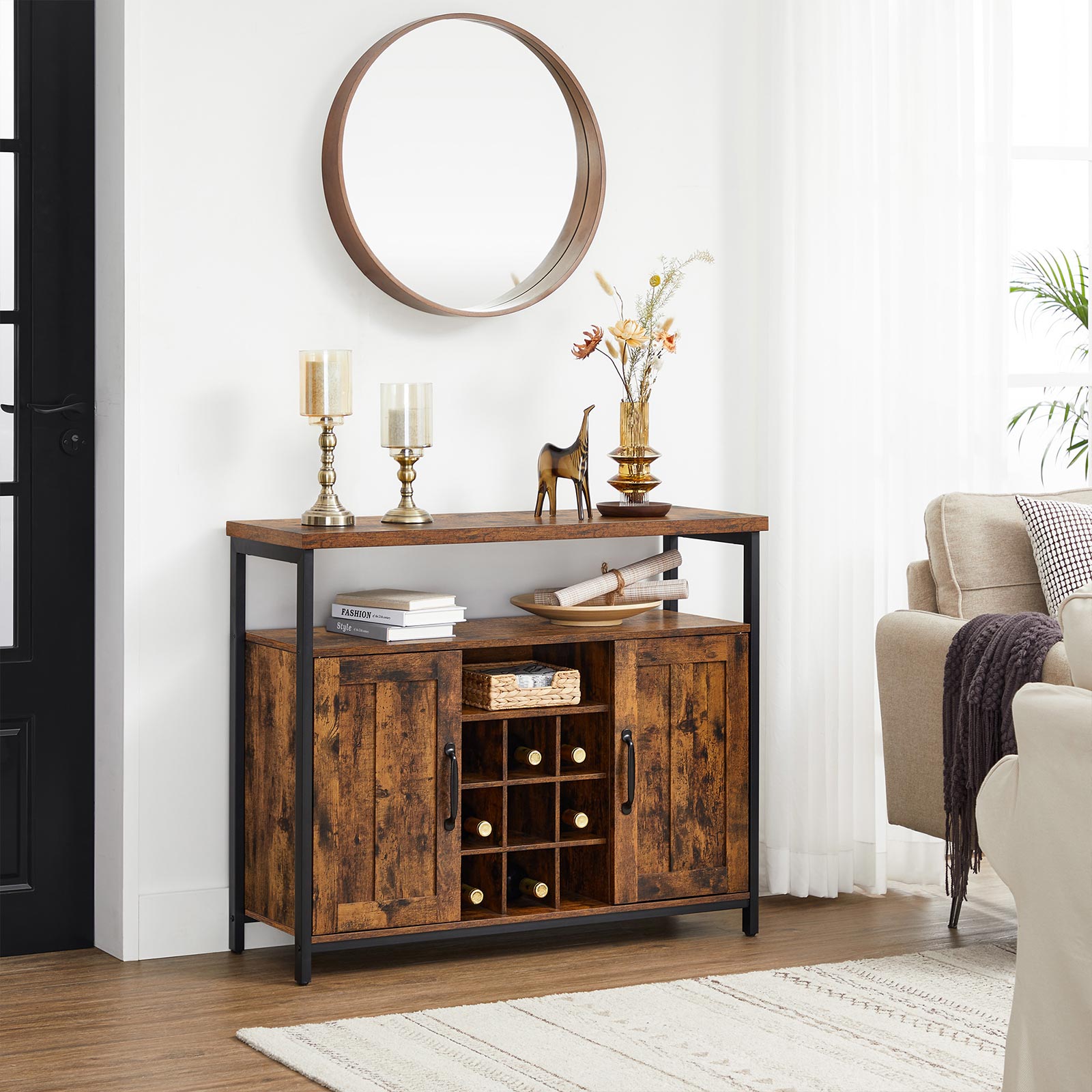 Storage Cabinet - Wood - Rustic Brown and Black - Multi-Functional with Wine Holder