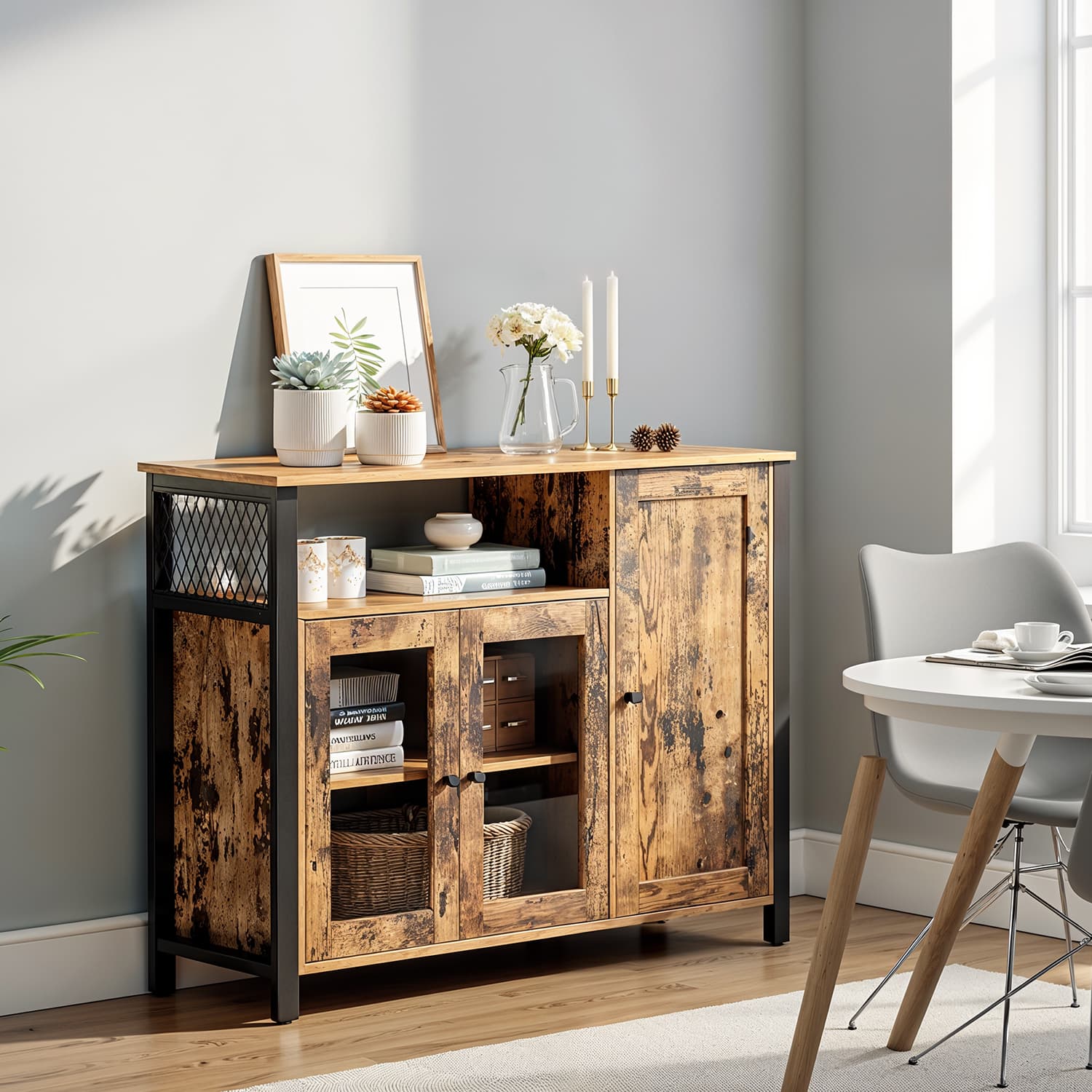 Sideboard - 3-Door Storage Cabinet - Wood - Rustic Brown and Black
