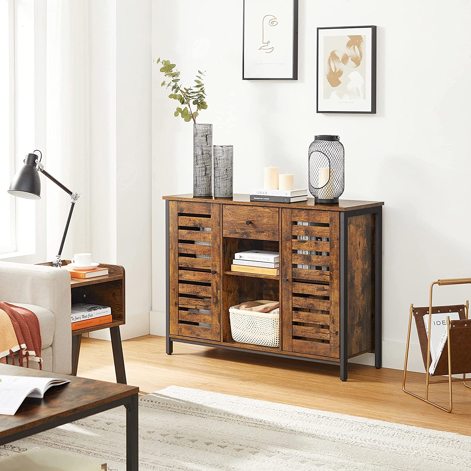 Industrial Sideboard - Wood - Rustic Brown and Black - Drawer and Storage Shelves
