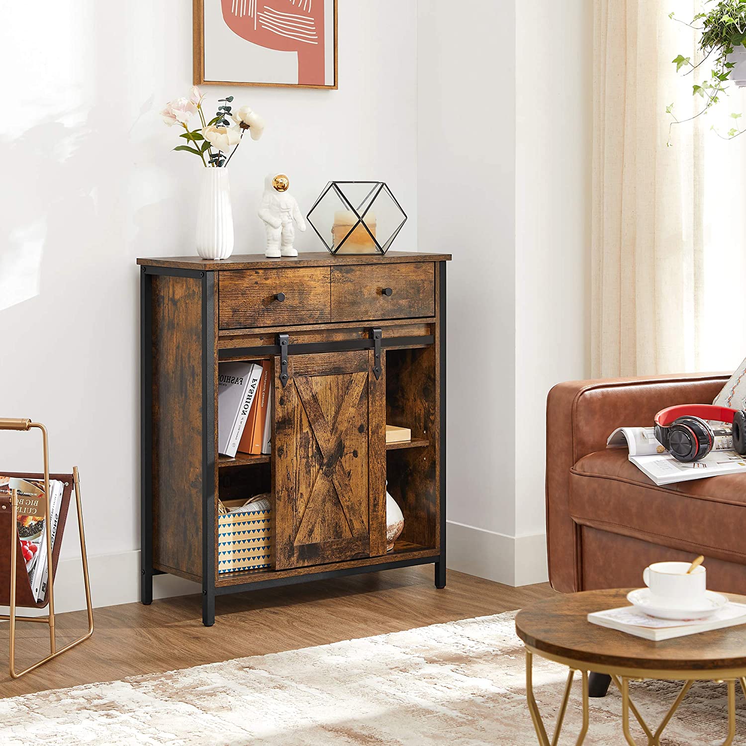 Industrial Storage Sideboard - Wood - Rustic Brown and Black - Freestanding with Sliding Barn Door and Drawer