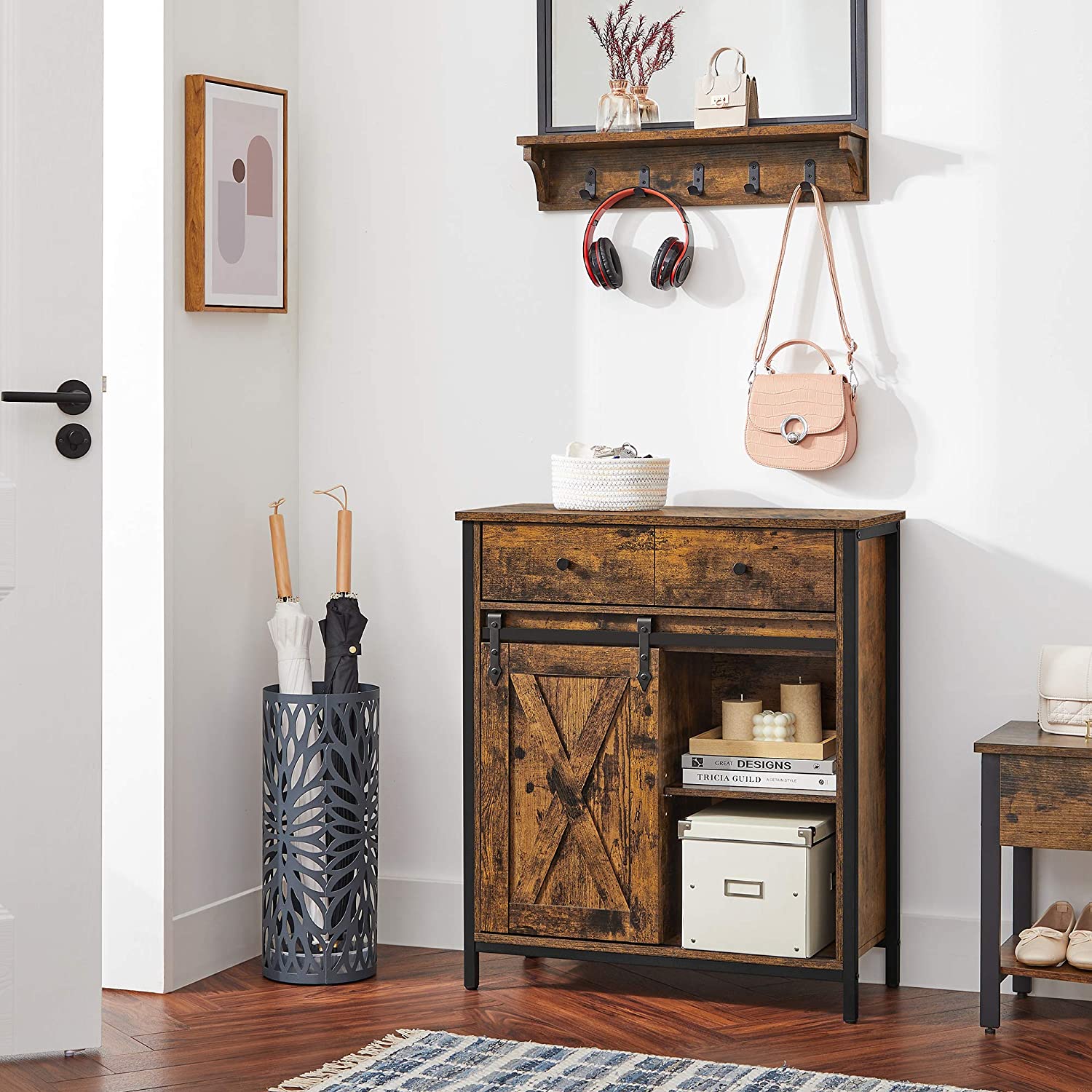 Industrial Storage Sideboard - Wood - Rustic Brown and Black - Freestanding with Sliding Barn Door and Drawer