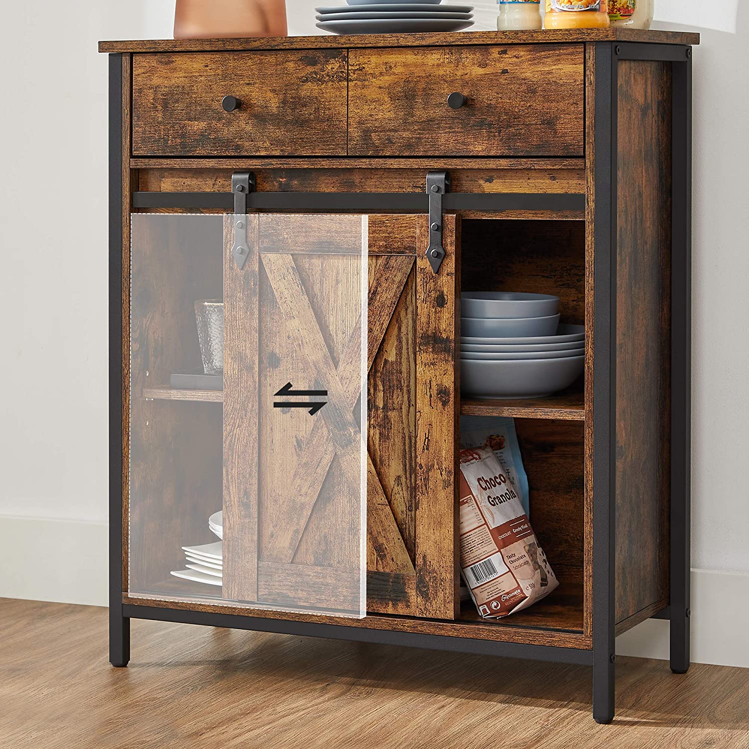 Industrial Storage Sideboard - Wood - Rustic Brown and Black - Freestanding with Sliding Barn Door and Drawer