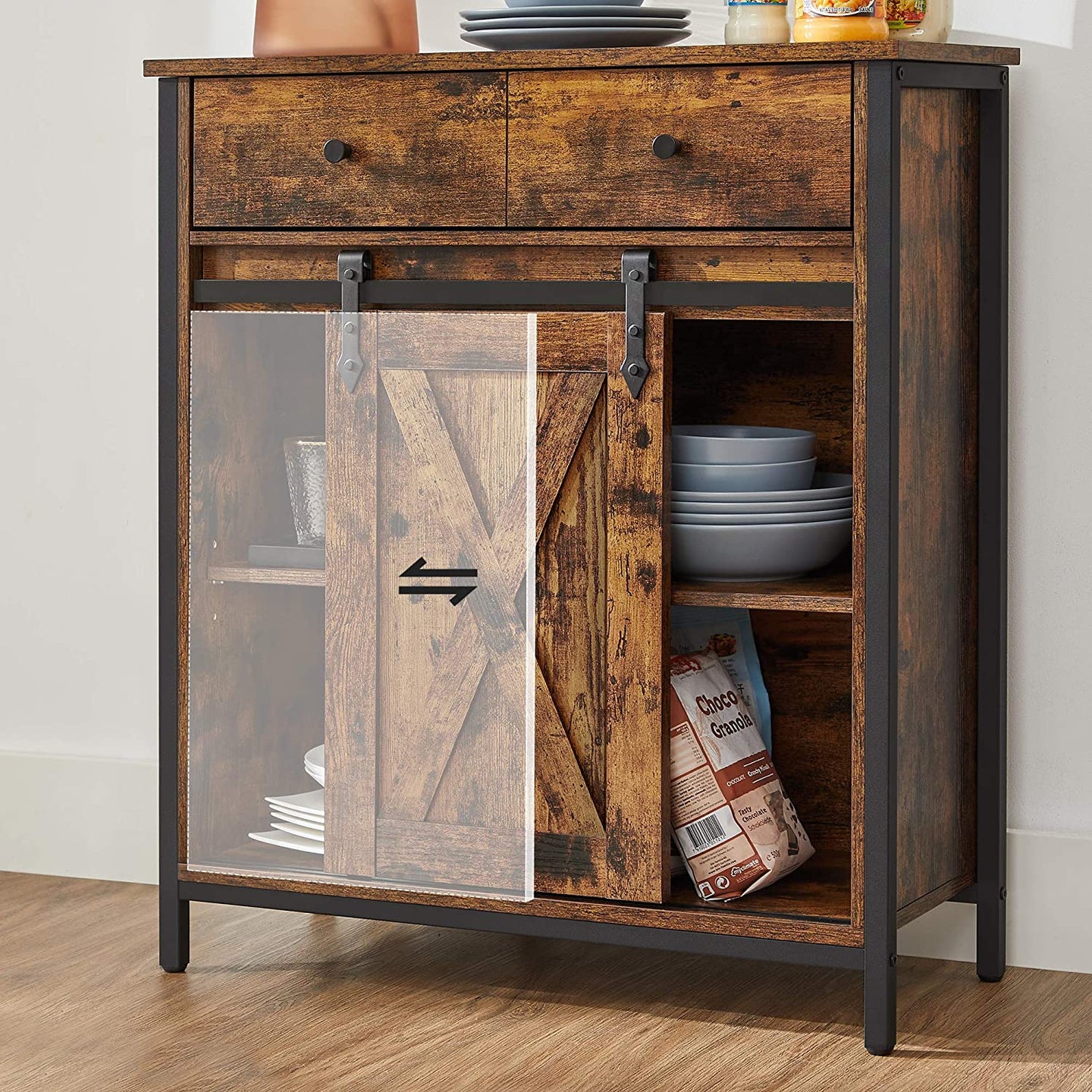 Industrial Storage Sideboard - Wood - Rustic Brown and Black - Freestanding with Sliding Barn Door and Drawer