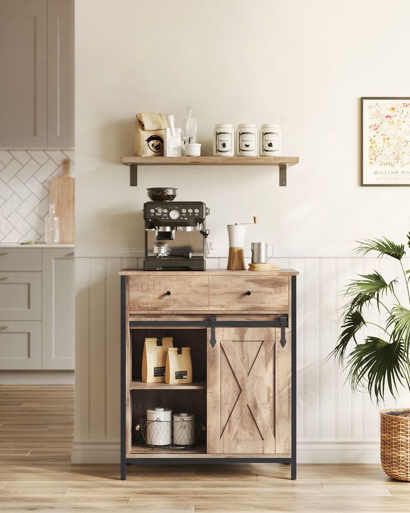 Freestanding Storage Cabinet - Wood - Rustic Brown and Black - Sliding Barn Door and Drawer