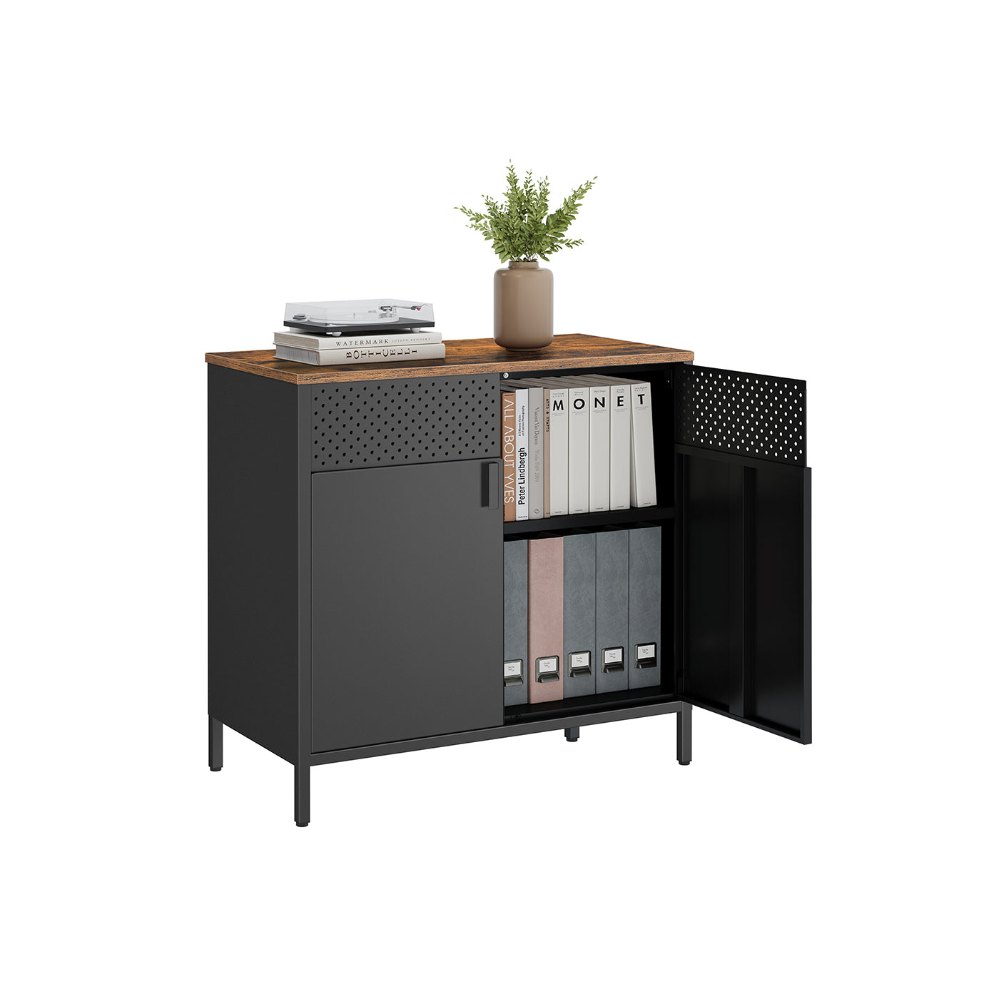 Double-Door Floor Cabinet - Steel Frame - Rustic Brown and Black - Safety First