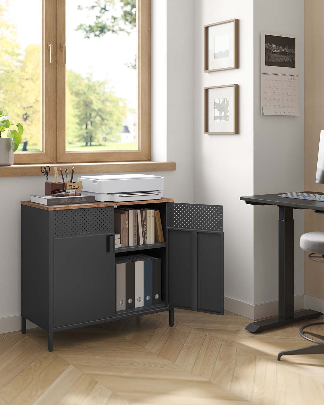 Double-Door Floor Cabinet - Steel Frame - Rustic Brown and Black - Safety First