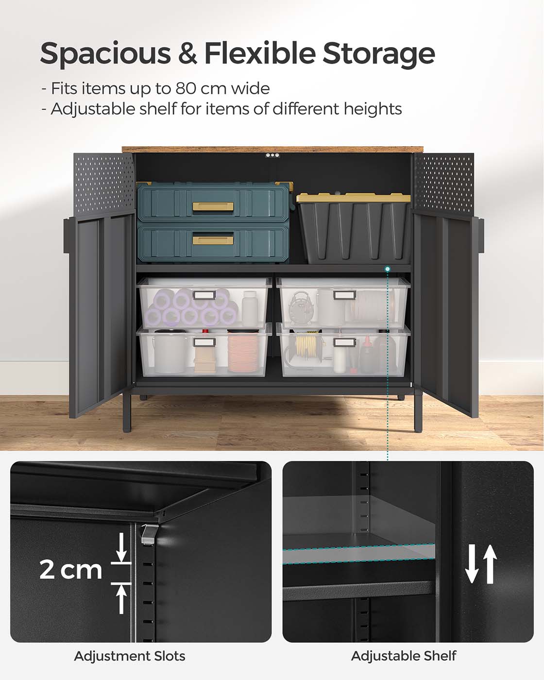 Double-Door Floor Cabinet - Steel Frame - Rustic Brown and Black - Safety First
