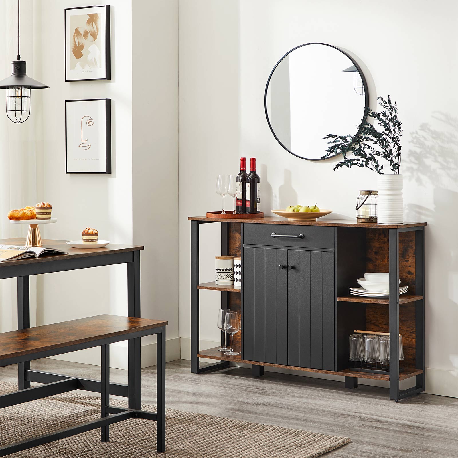 Sideboard - Steel Frame - Rustic Brown and Black - Kitchen Cupboard with Drawer and Shelves