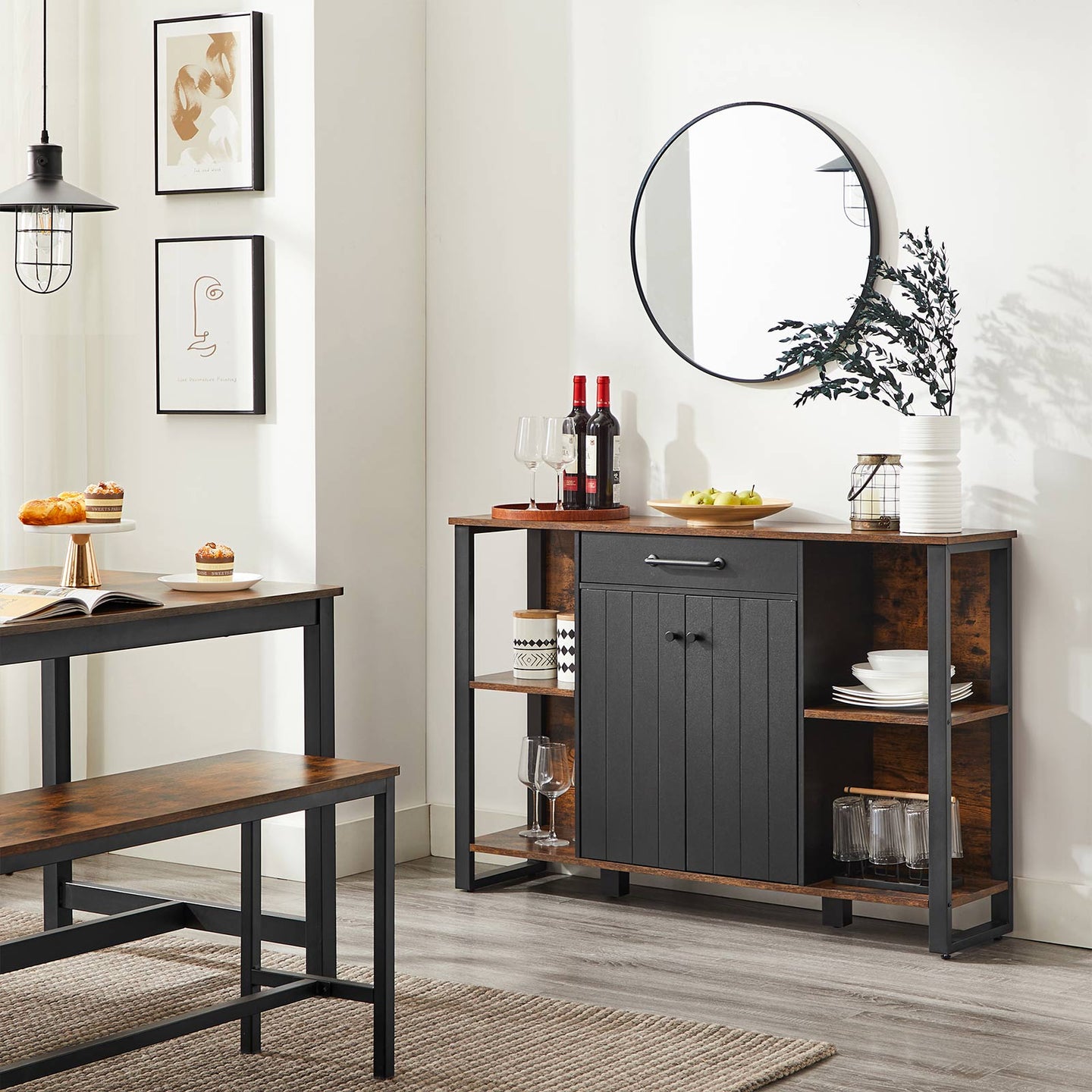 Sideboard - Steel Frame - Rustic Brown and Black - Kitchen Cupboard with Drawer and Shelves