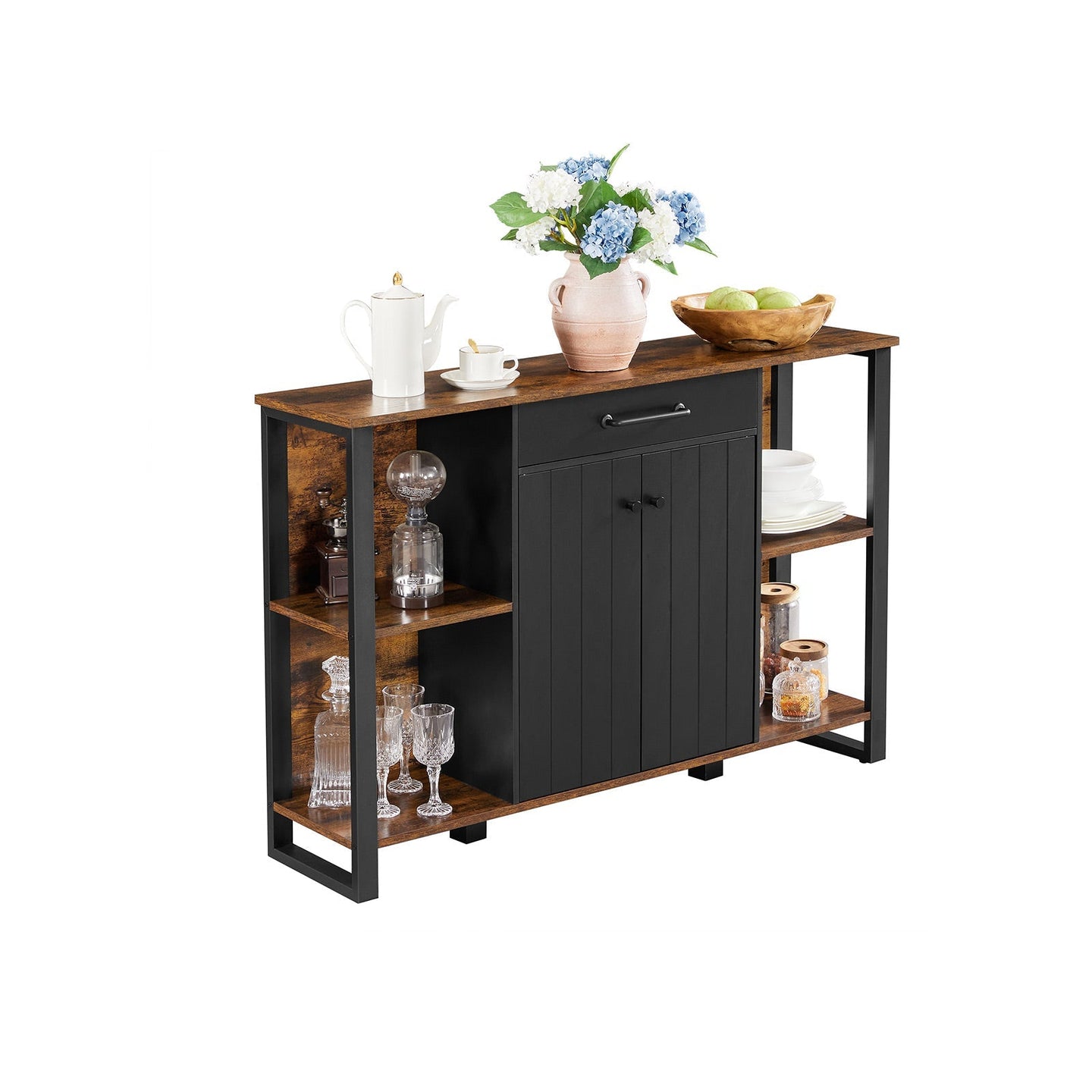 Sideboard - Steel Frame - Rustic Brown and Black - Kitchen Cupboard with Drawer and Shelves