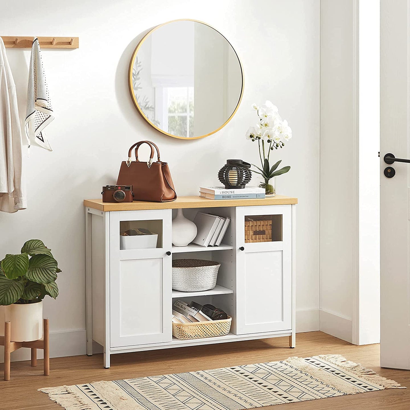 Storage Cupboard - Wood - White and Oak - Adjustable Shelves with Glass Window