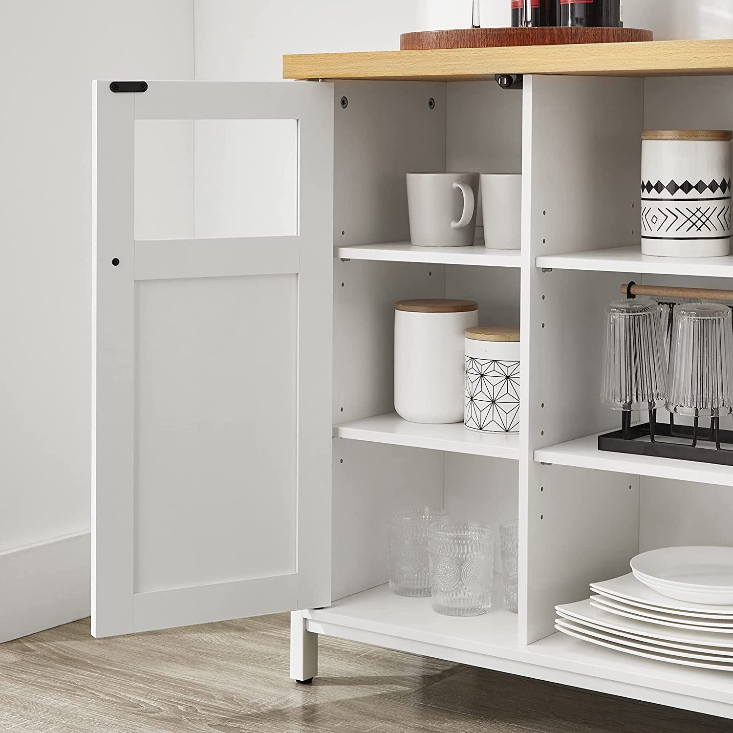 Storage Cupboard - Wood - White and Oak - Adjustable Shelves with Glass Window