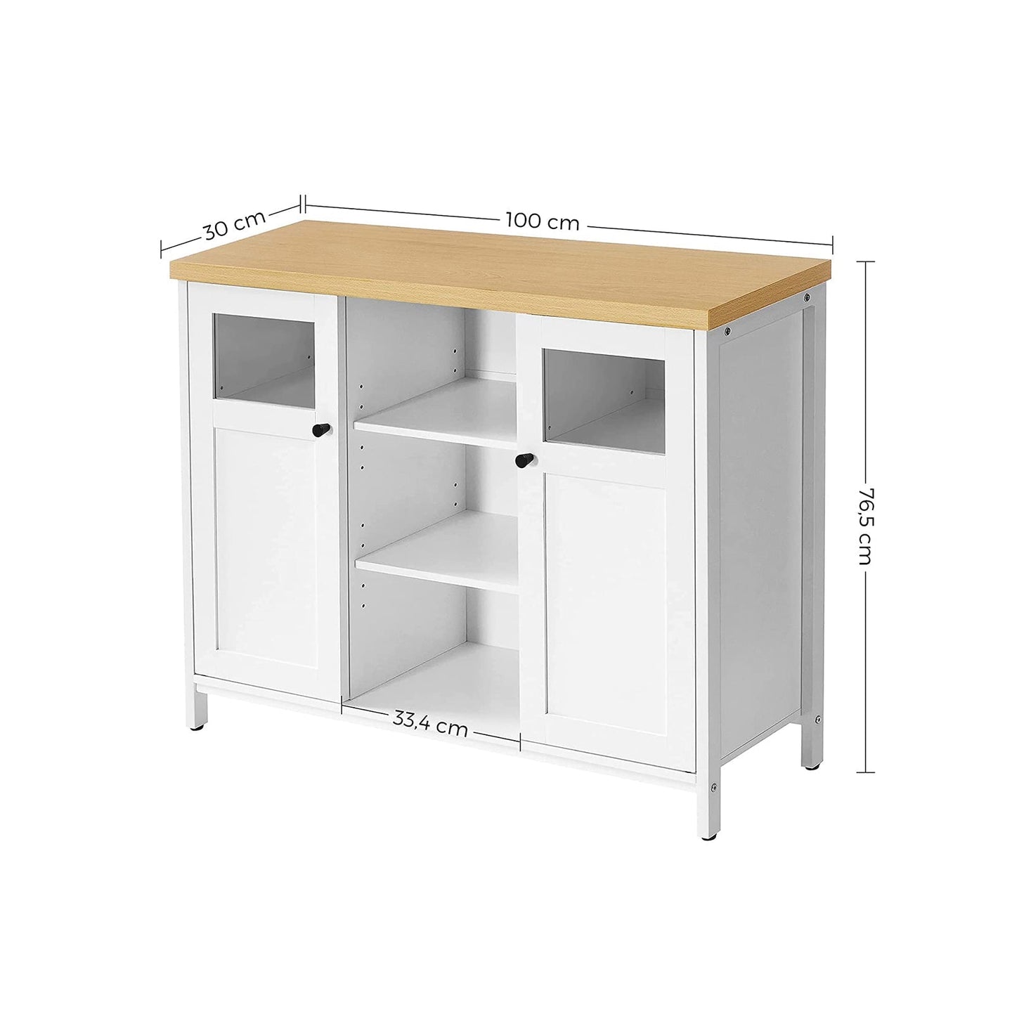 Storage Cupboard - Wood - White and Oak - Adjustable Shelves with Glass Window