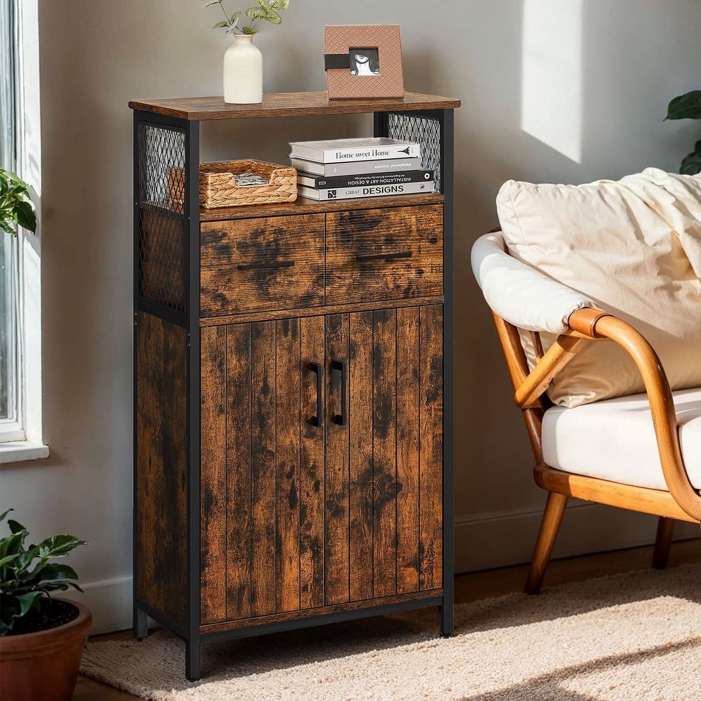 Slim Freestanding Storage Cabinet - Steel Frame - Brown and Black - Multipurpose with Drawer and Adjustable Shelf