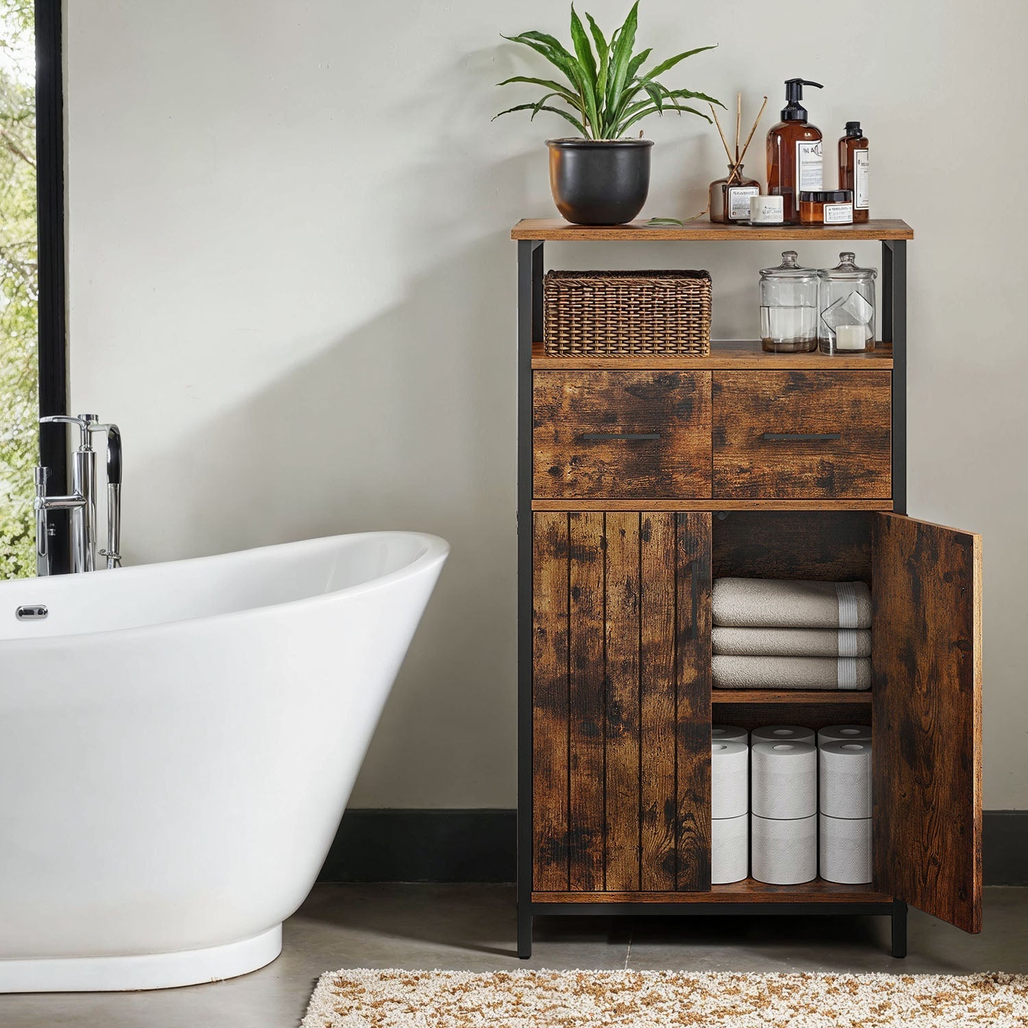 Slim Freestanding Storage Cabinet - Steel Frame - Brown and Black - Multipurpose with Drawer and Adjustable Shelf