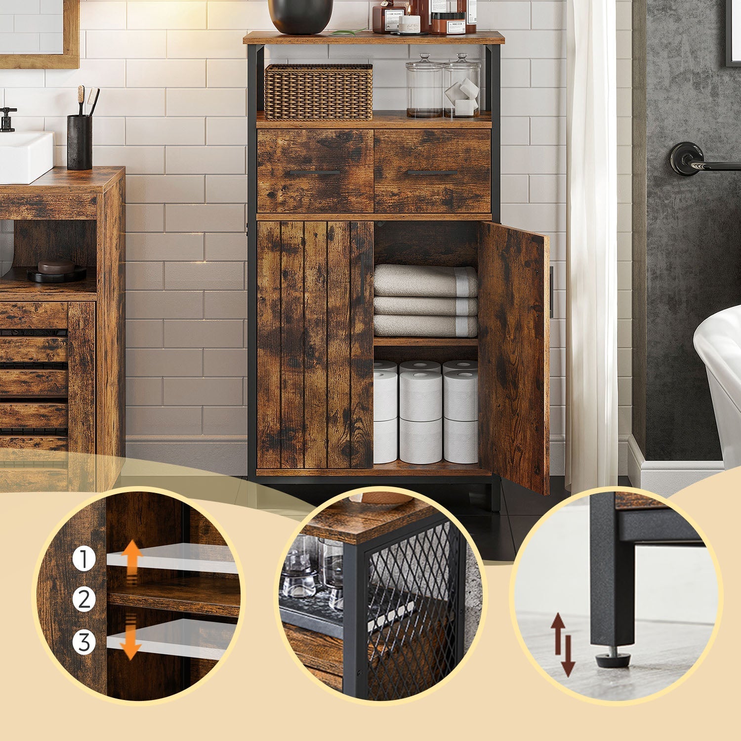 Slim Freestanding Storage Cabinet - Steel Frame - Brown and Black - Multipurpose with Drawer and Adjustable Shelf