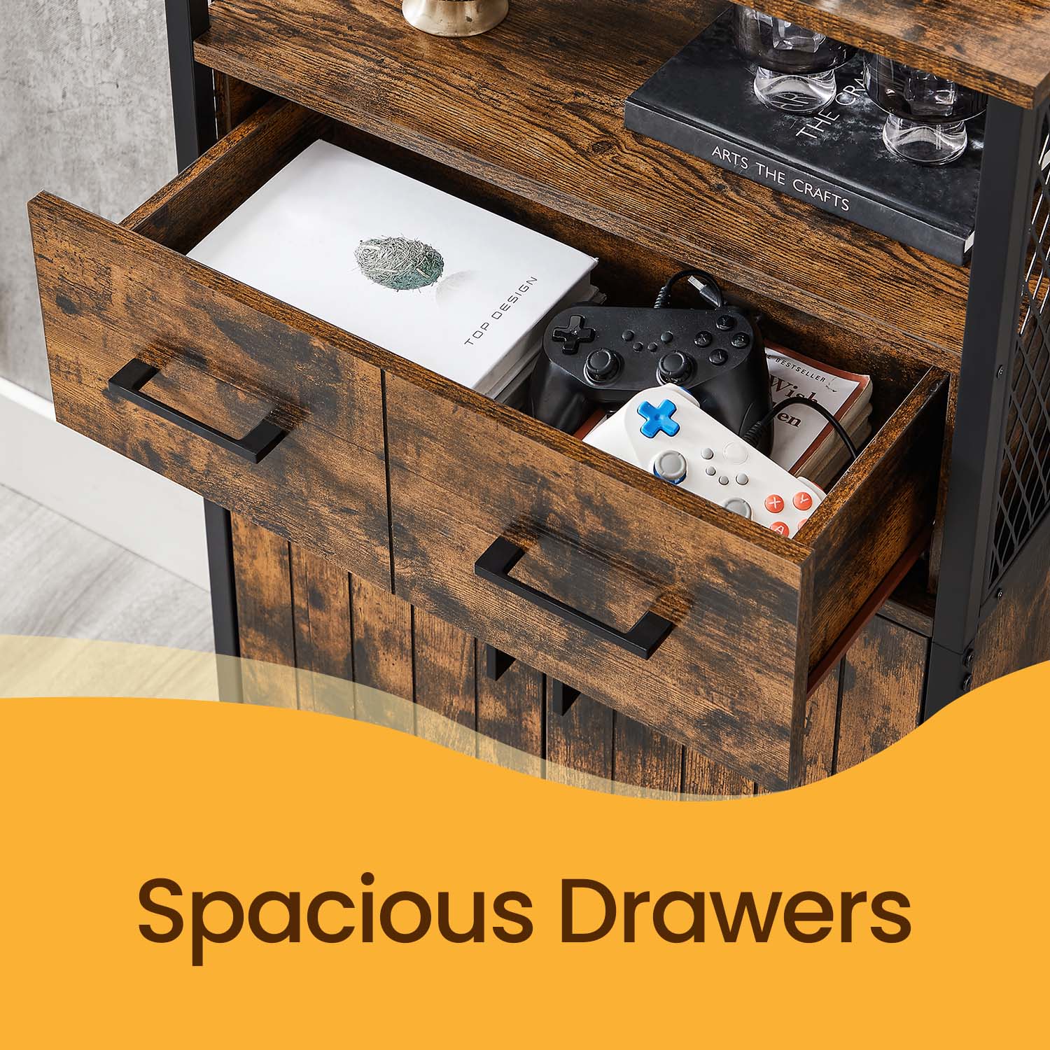 Slim Freestanding Storage Cabinet - Steel Frame - Brown and Black - Multipurpose with Drawer and Adjustable Shelf