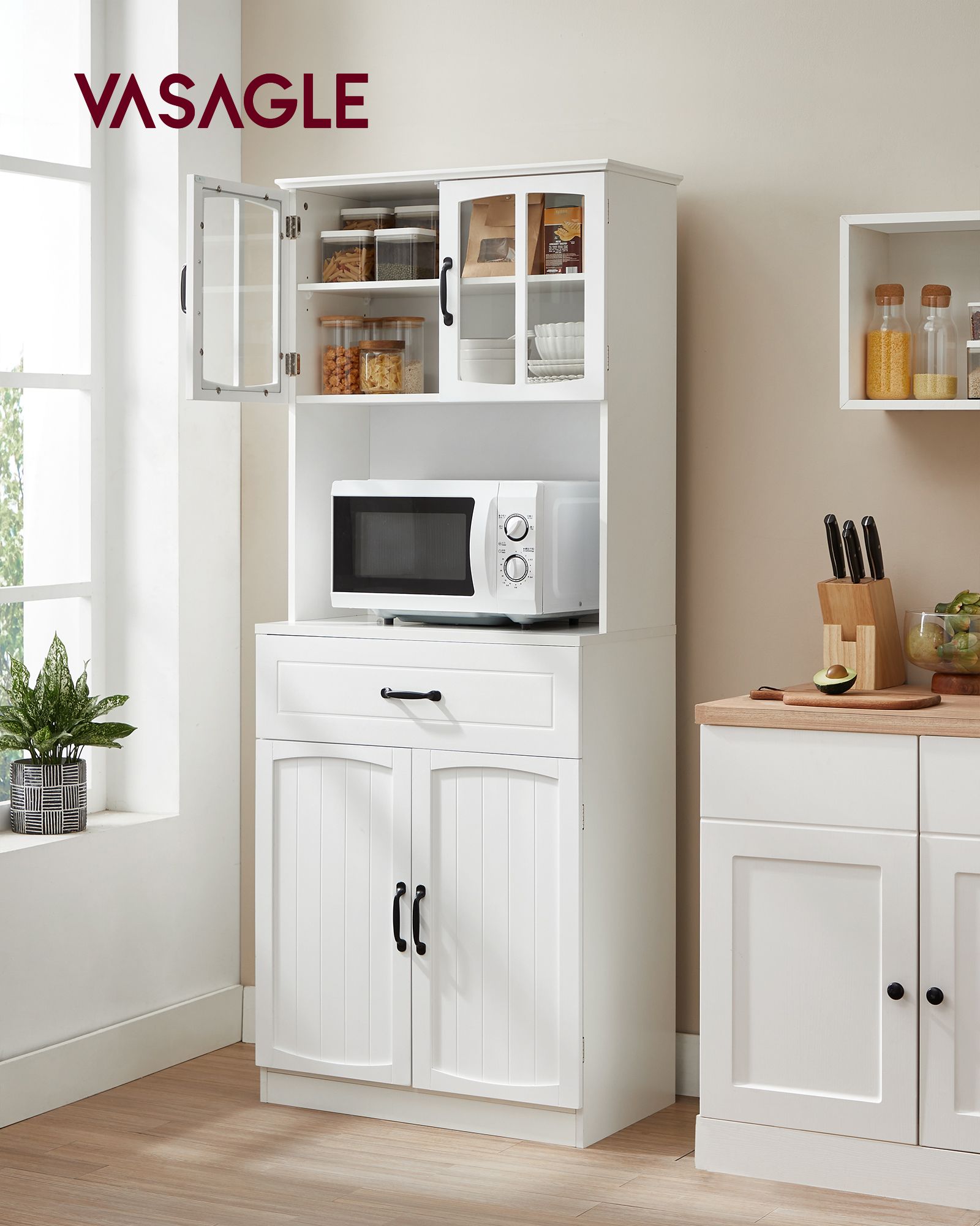 Freestanding Kitchen Cabinet - Wood - Cloud White - Glass Doors