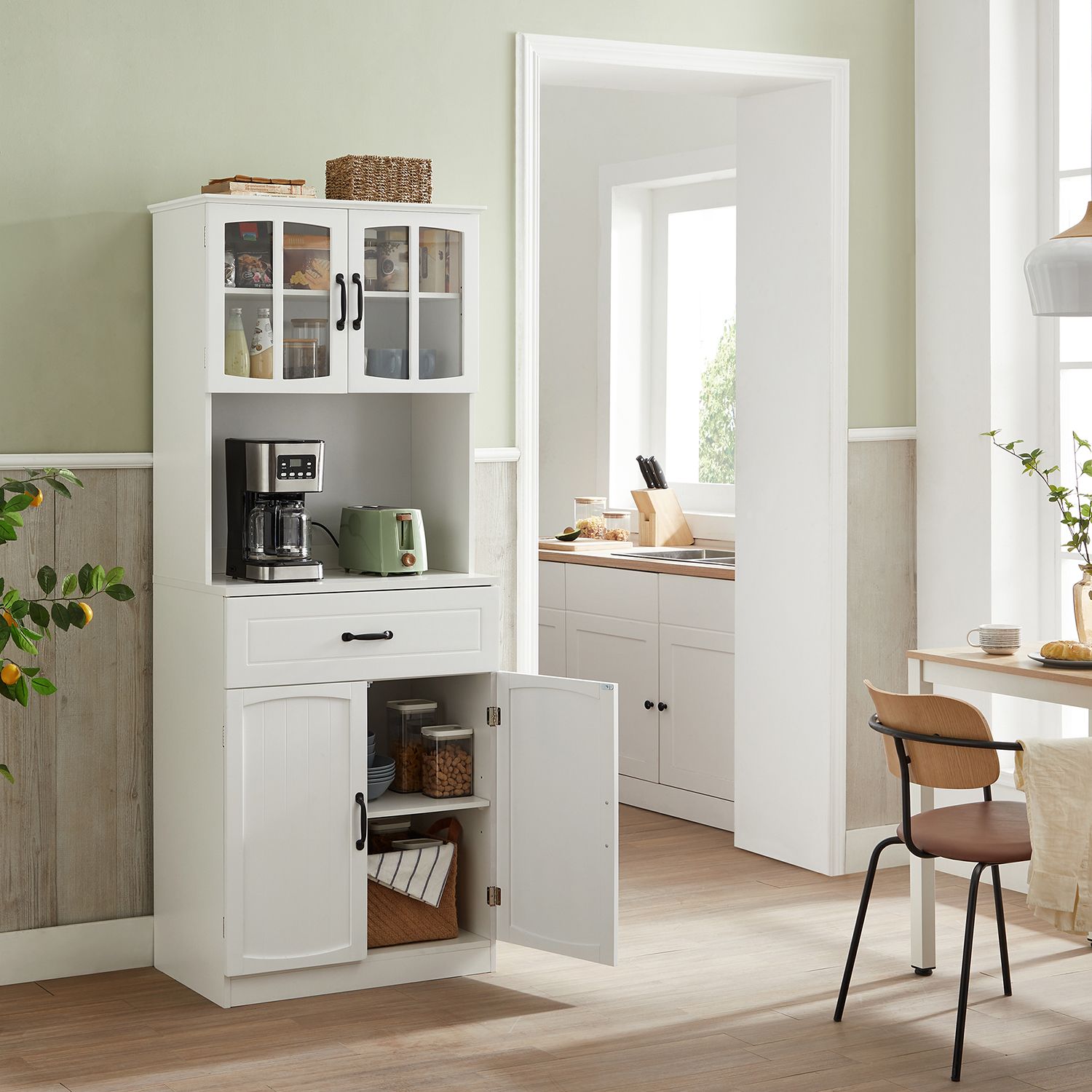 Freestanding Kitchen Cabinet - Wood - Cloud White - Glass Doors