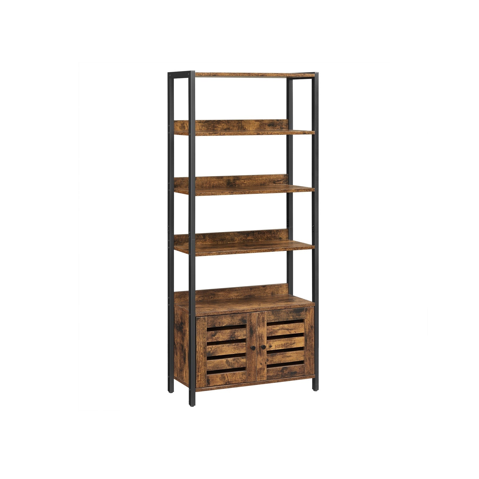 Bookshelf - Wood - Rustic Brown and Black - 4-Tier with Cabinet and Shutter Doors