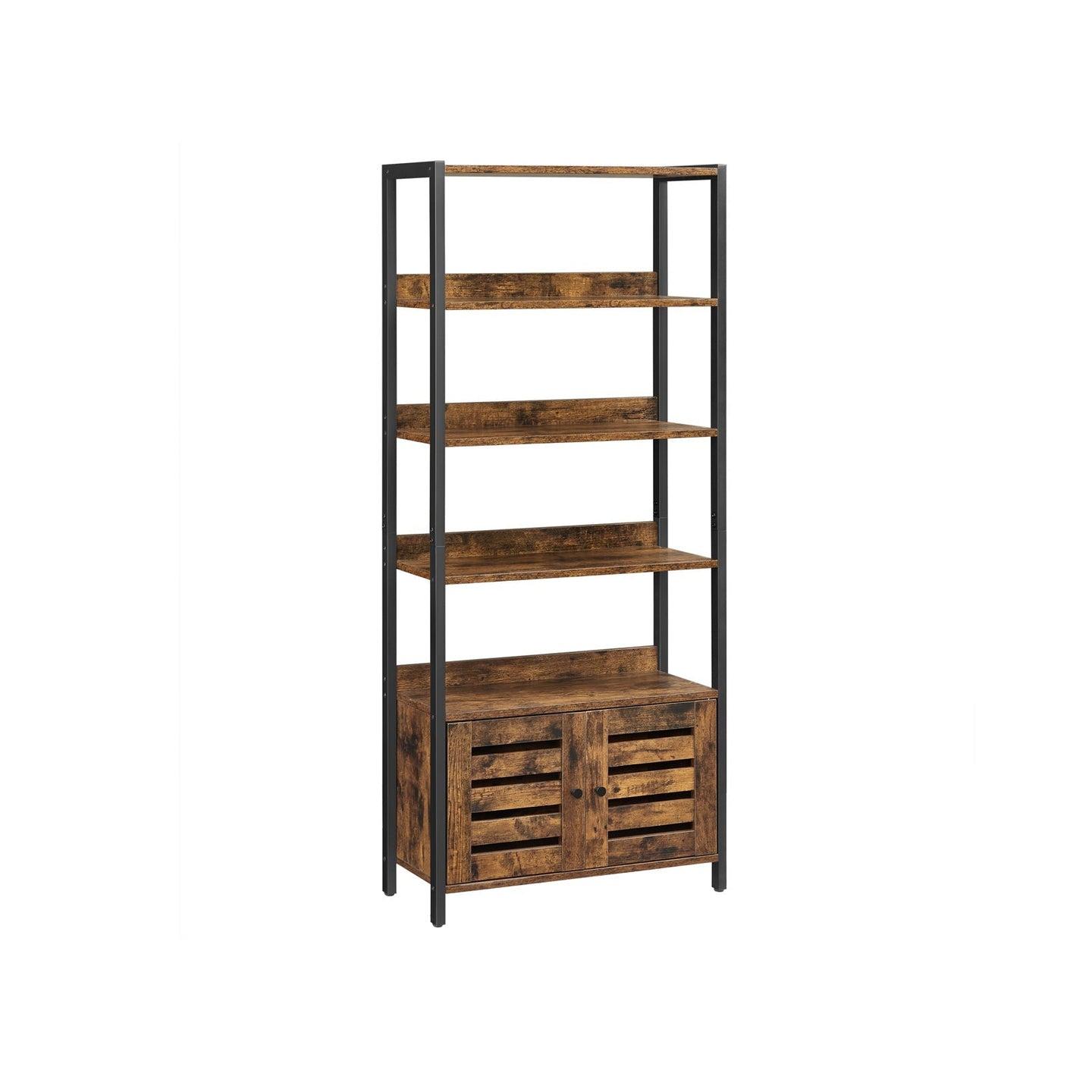Bookshelf - Wood - Rustic Brown and Black - 4-Tier with Cabinet and Shutter Doors