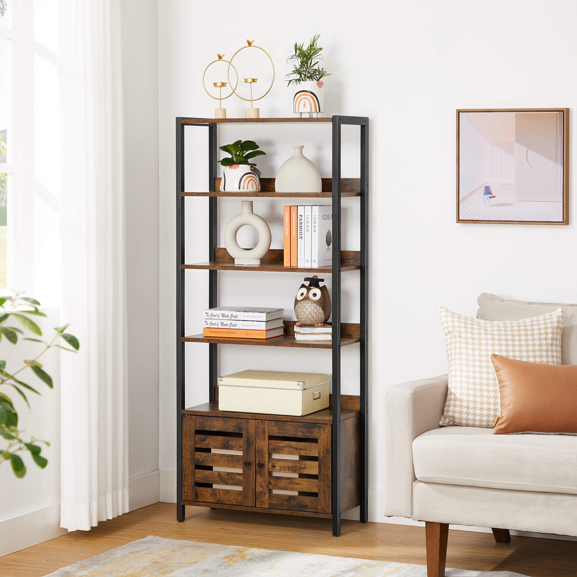 Bookshelf - Wood - Rustic Brown and Black - 4-Tier with Cabinet and Shutter Doors