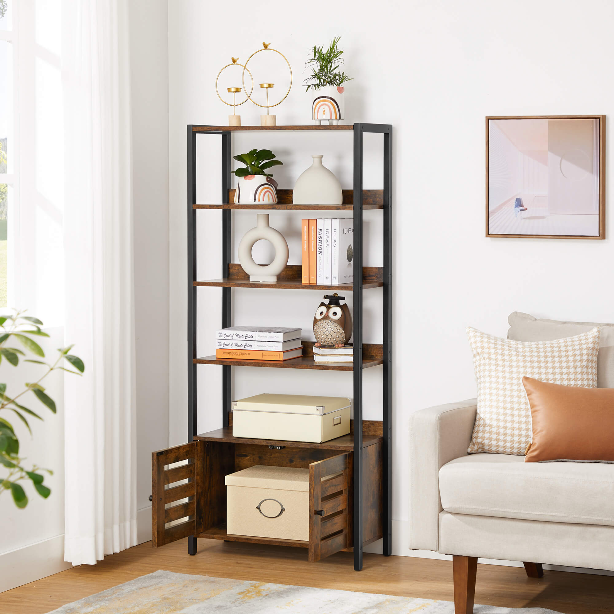 Bookshelf - Wood - Rustic Brown and Black - 4-Tier with Cabinet and Shutter Doors