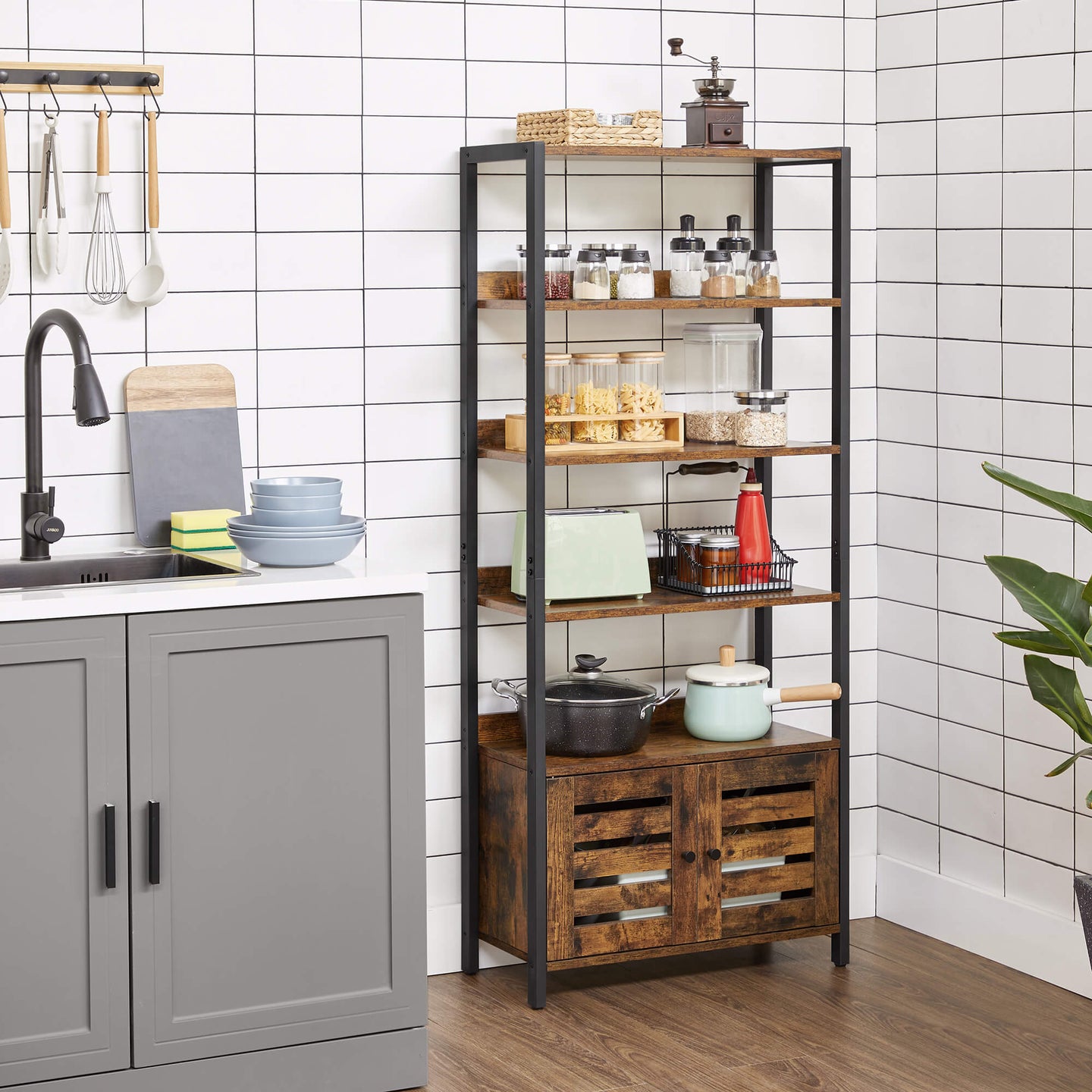 Bookshelf - Wood - Rustic Brown and Black - 4-Tier with Cabinet and Shutter Doors