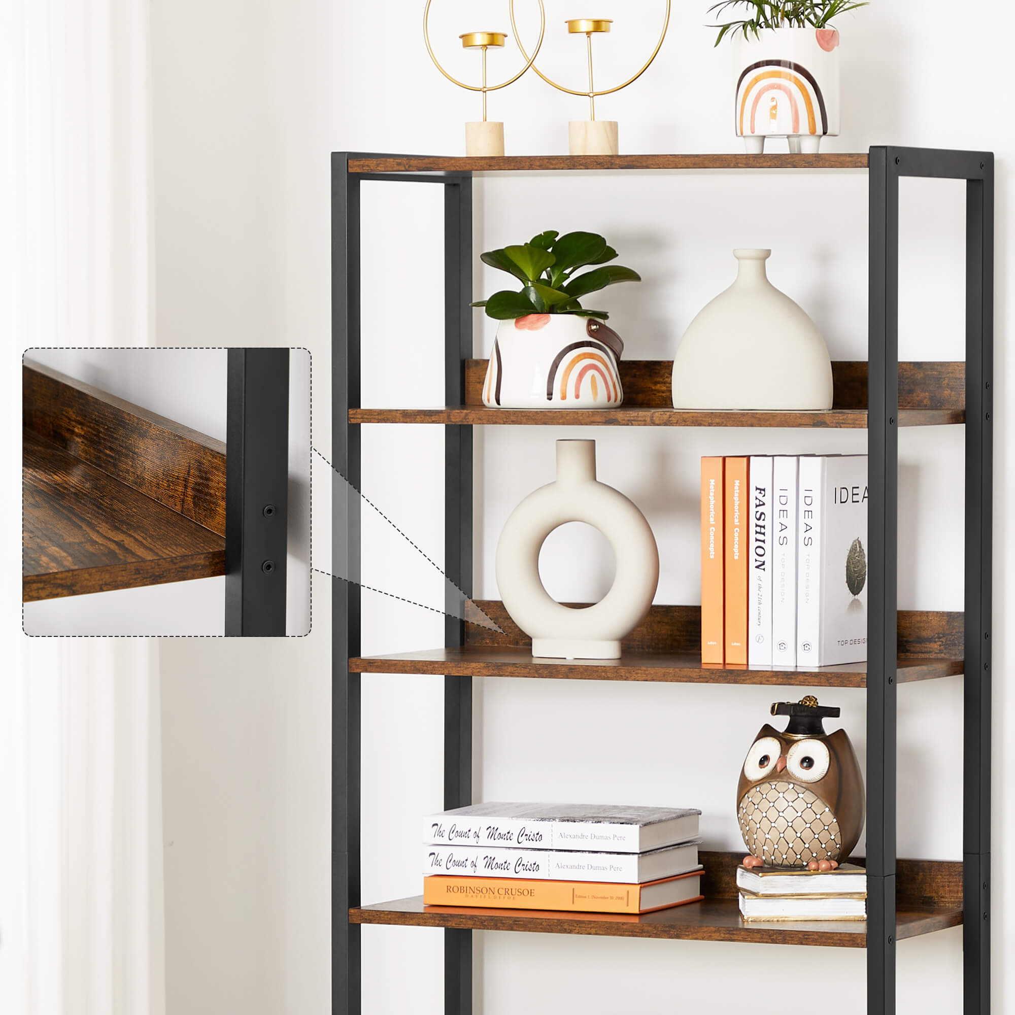 Bookshelf - Wood - Rustic Brown and Black - 4-Tier with Cabinet and Shutter Doors