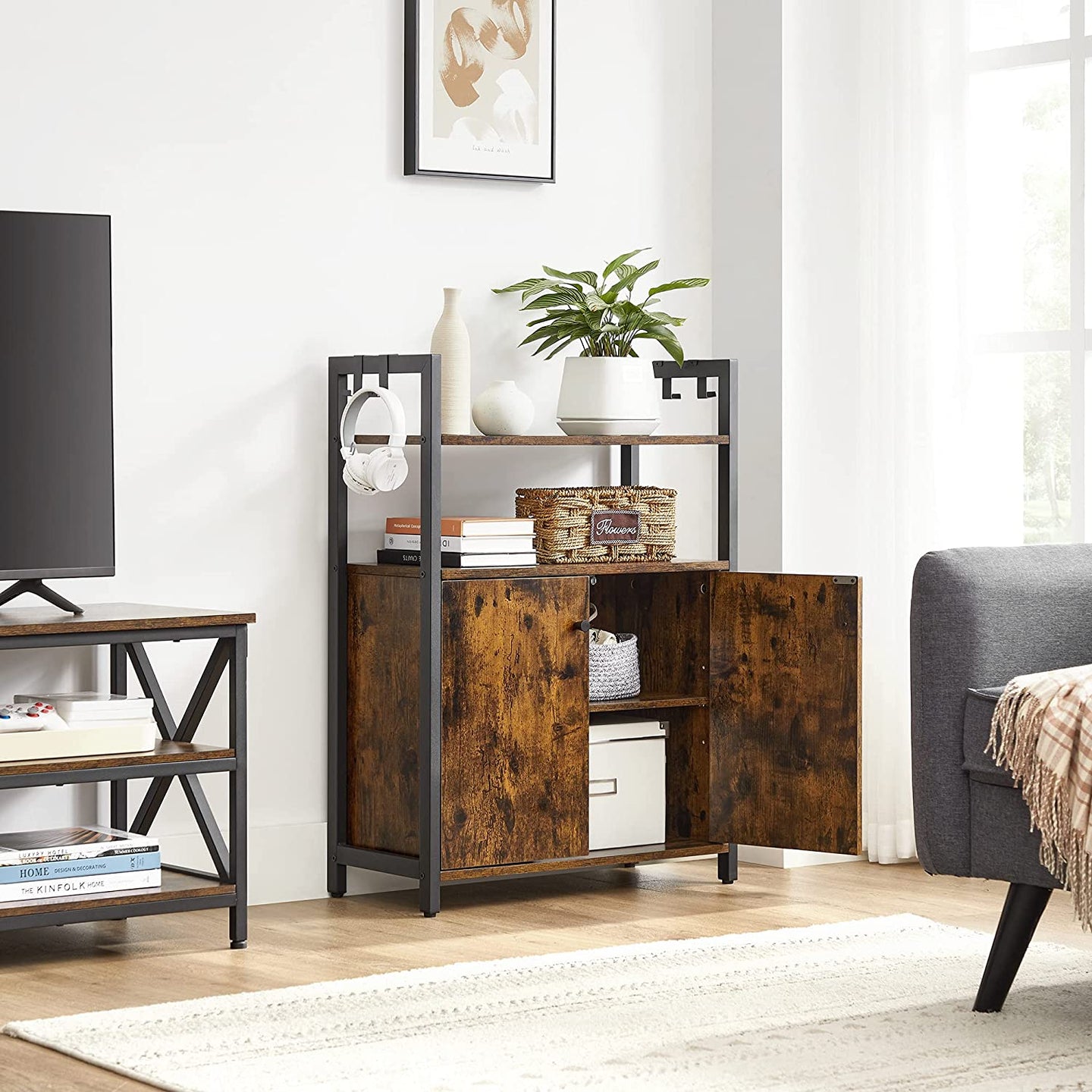 Storage Cabinet - Steel Frame - Rustic Brown - Floor Standing with Cupboard and Open Shelves