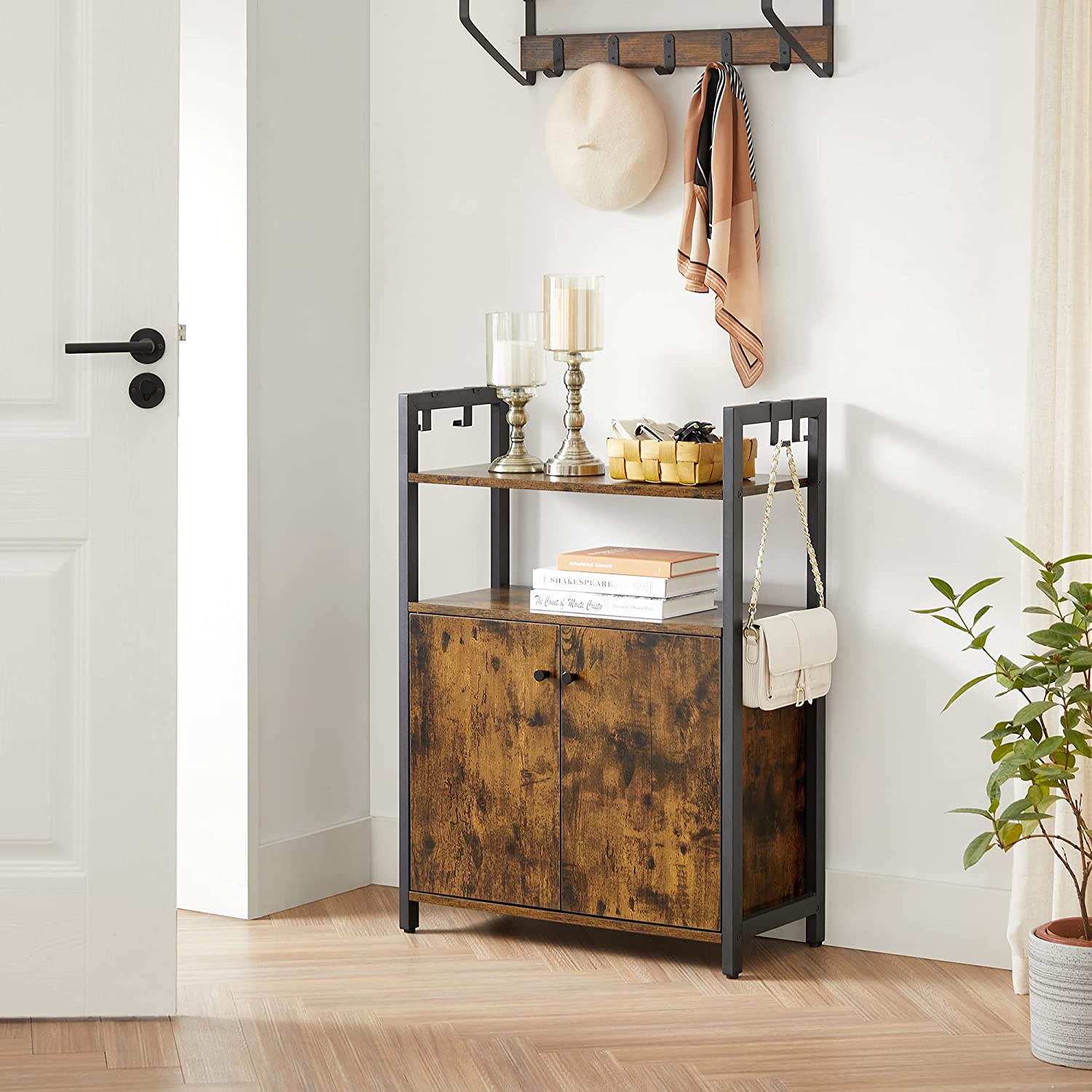 Storage Cabinet - Steel Frame - Rustic Brown - Floor Standing with Cupboard and Open Shelves