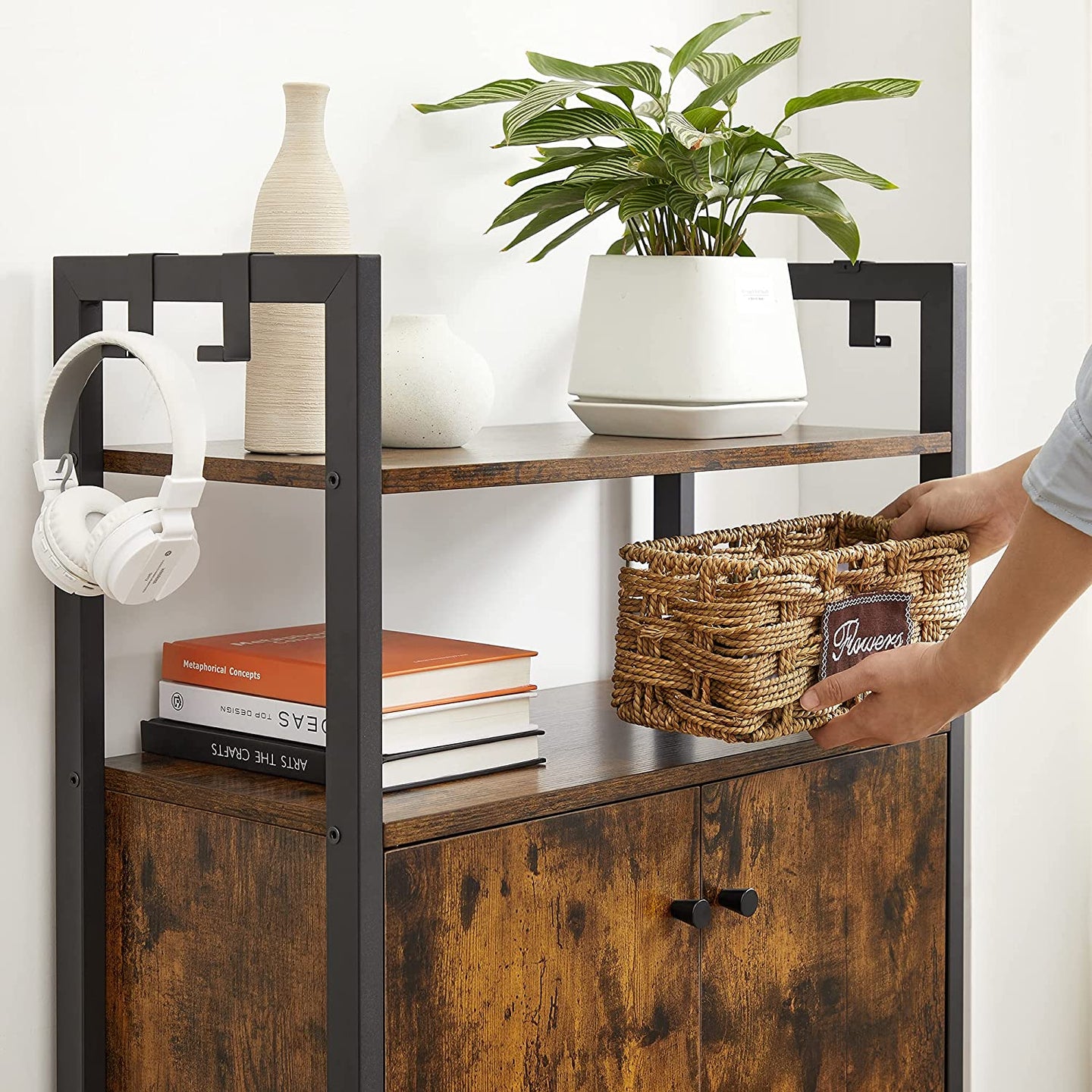Storage Cabinet - Steel Frame - Rustic Brown - Floor Standing with Cupboard and Open Shelves