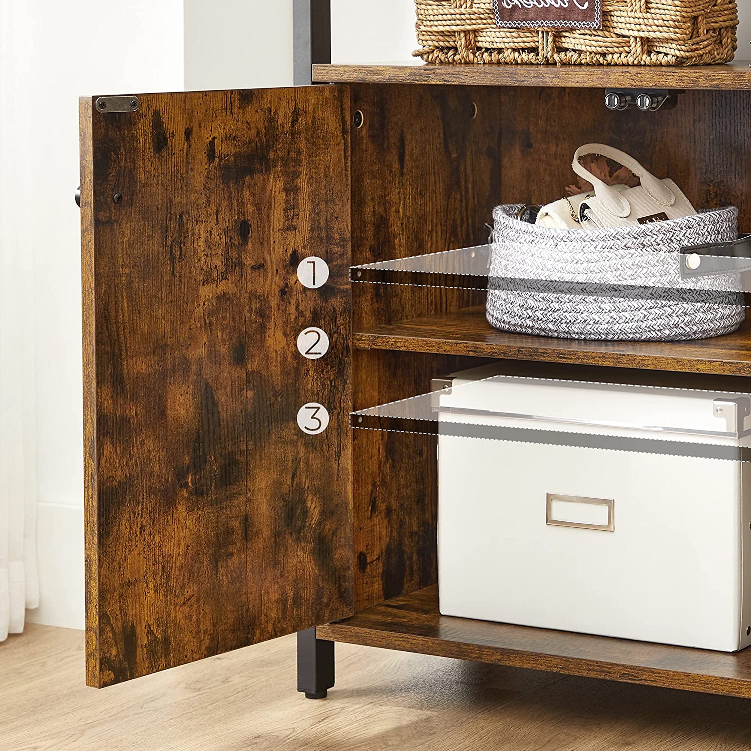 Storage Cabinet - Steel Frame - Rustic Brown - Floor Standing with Cupboard and Open Shelves