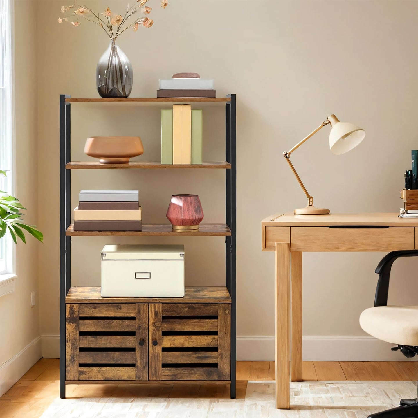 Bookcase - Wood - Rustic Brown - Floor Standing with 3 Shelves and 2 Shutter Doors
